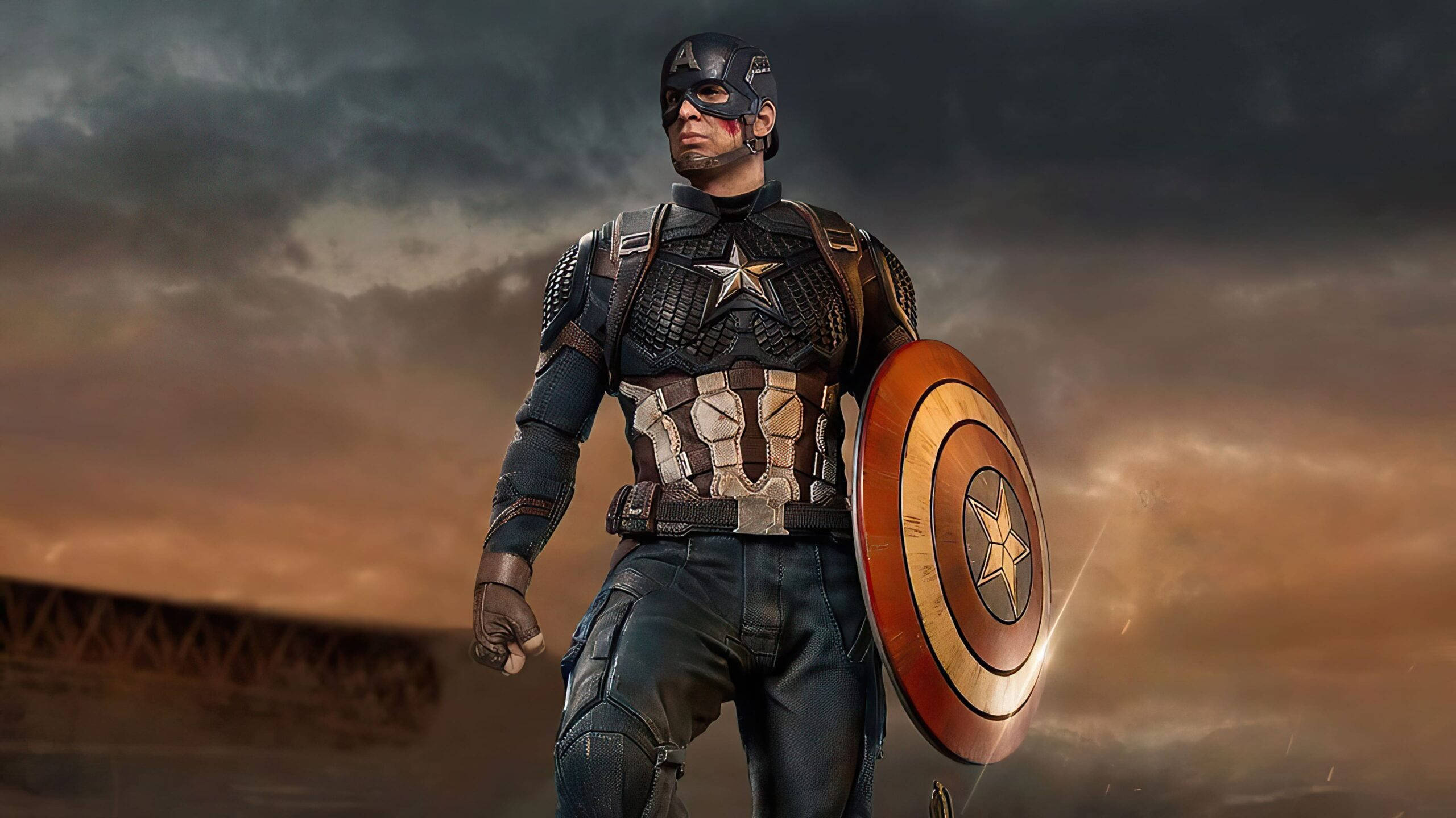 Captain America, iconic shield, stormy sky, 2K Desktop Wallpaper