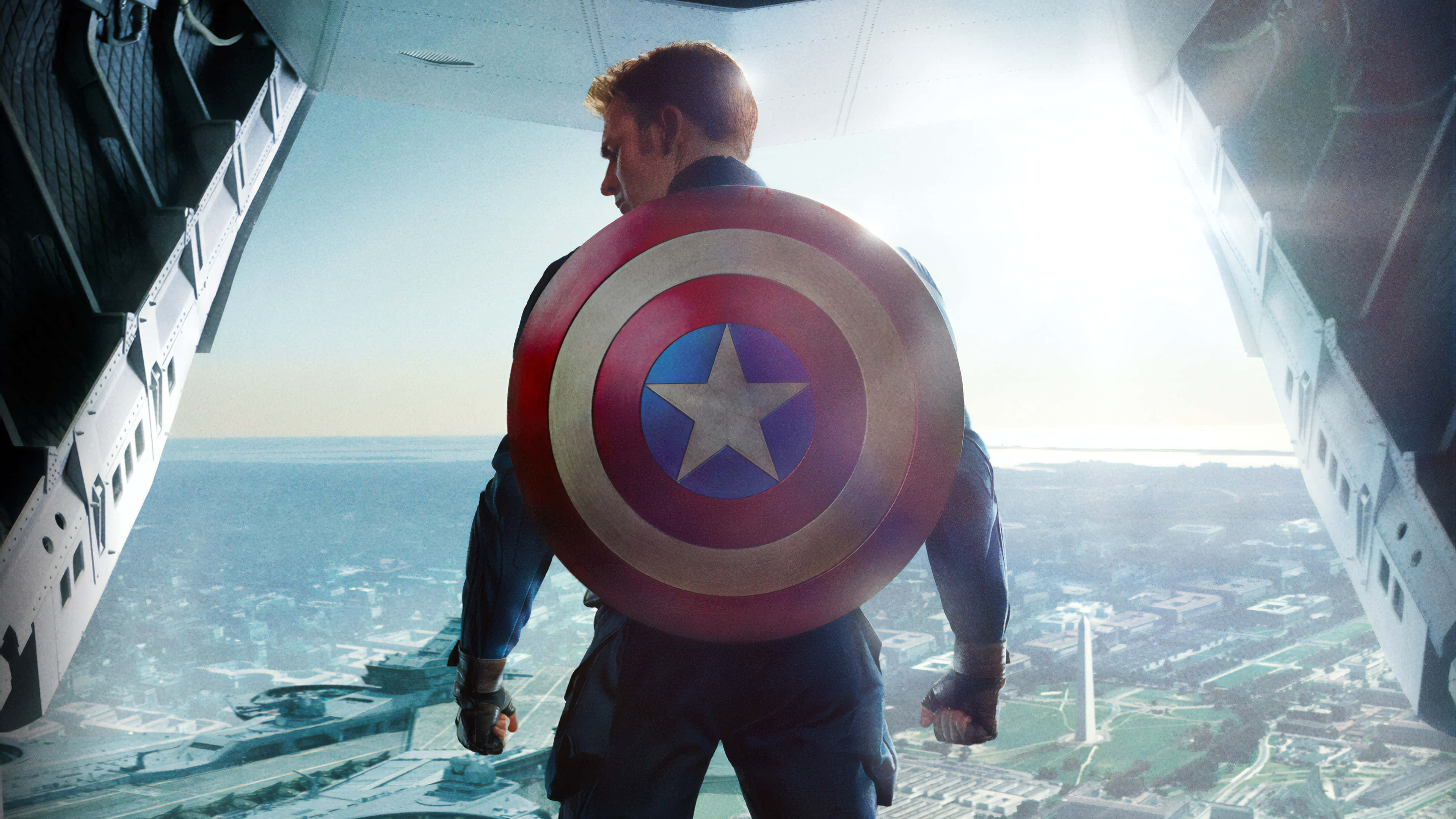Captain America, shield, plane's open doorway, 4K Desktop Wallpaper