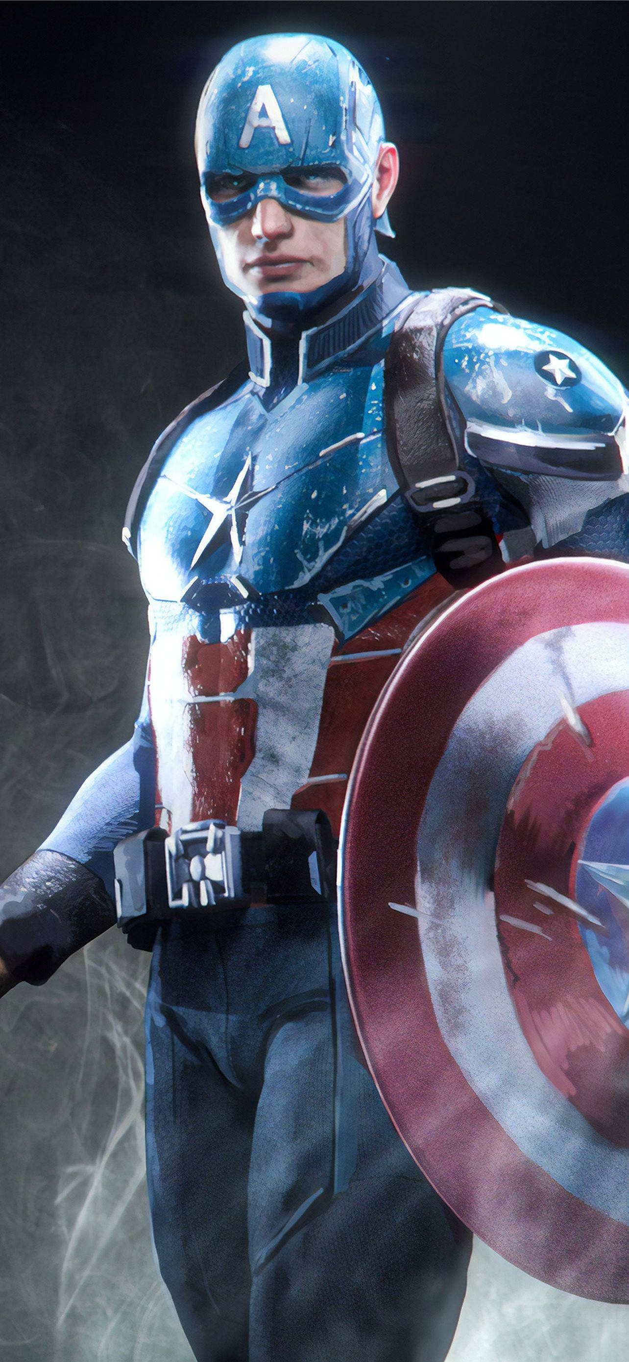 Captain America, iconic shield, smoky dark environment, 2K Phone Wallpaper