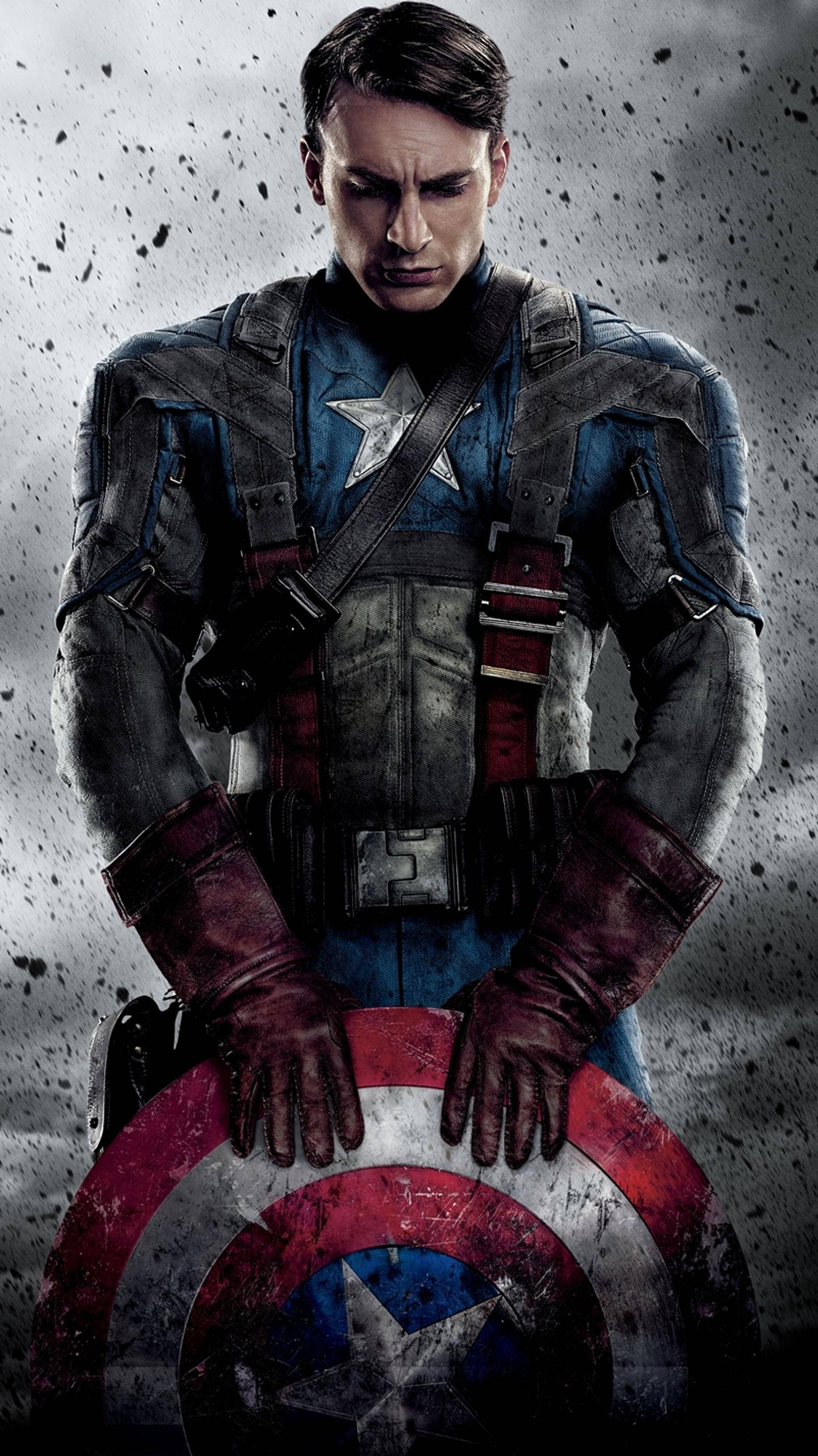 Captain America, iconic shield, gritty splattered backdrop, 2K Phone Wallpaper