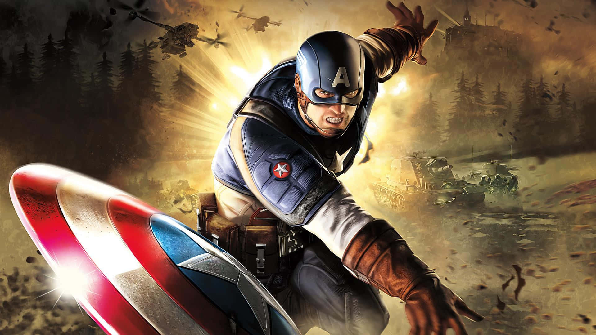 Captain America, iconic shield, fiery battlefield, Full HD Desktop Wallpaper