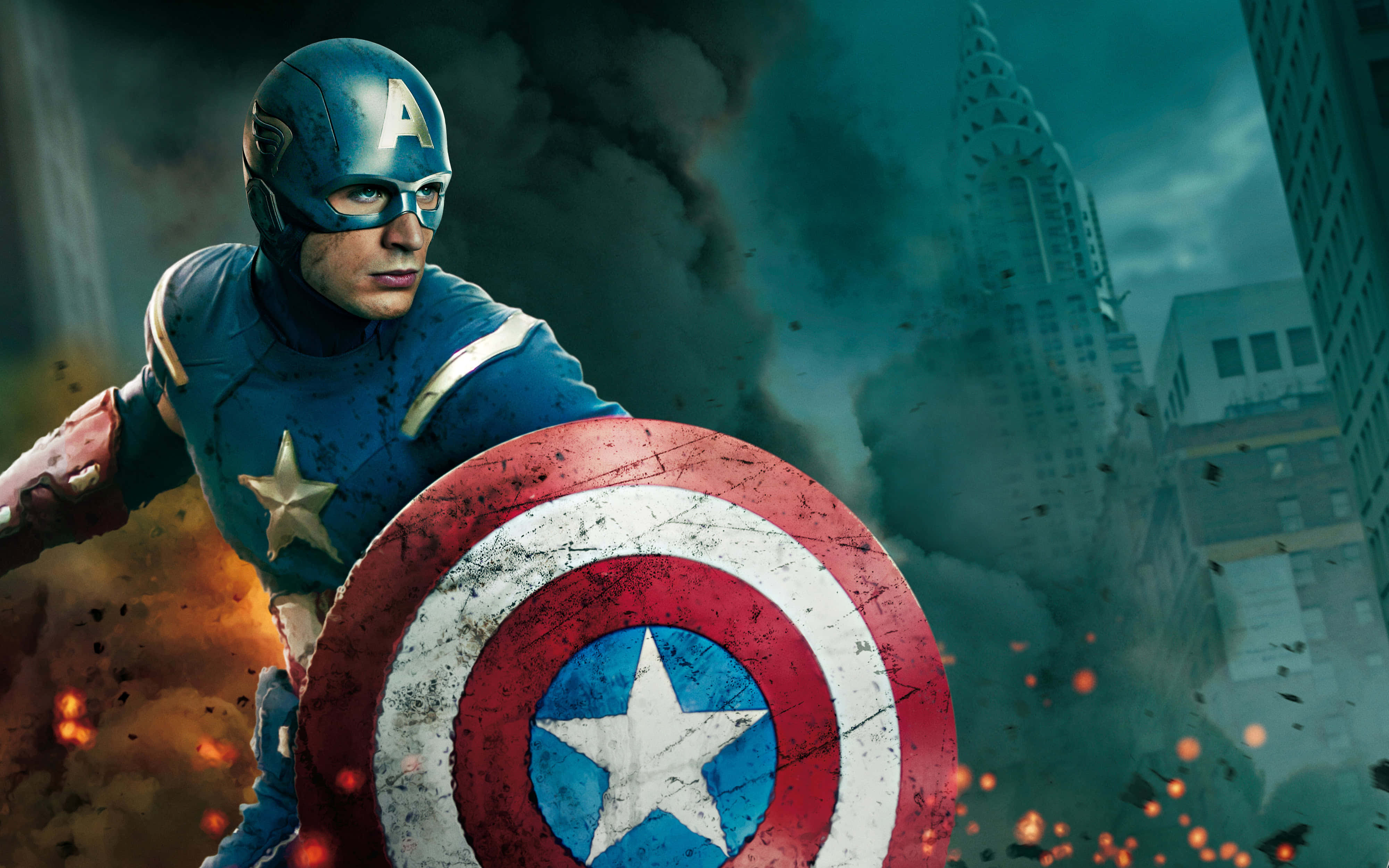 Captain America, iconic shield, ruined cityscape, 4K Desktop Wallpaper