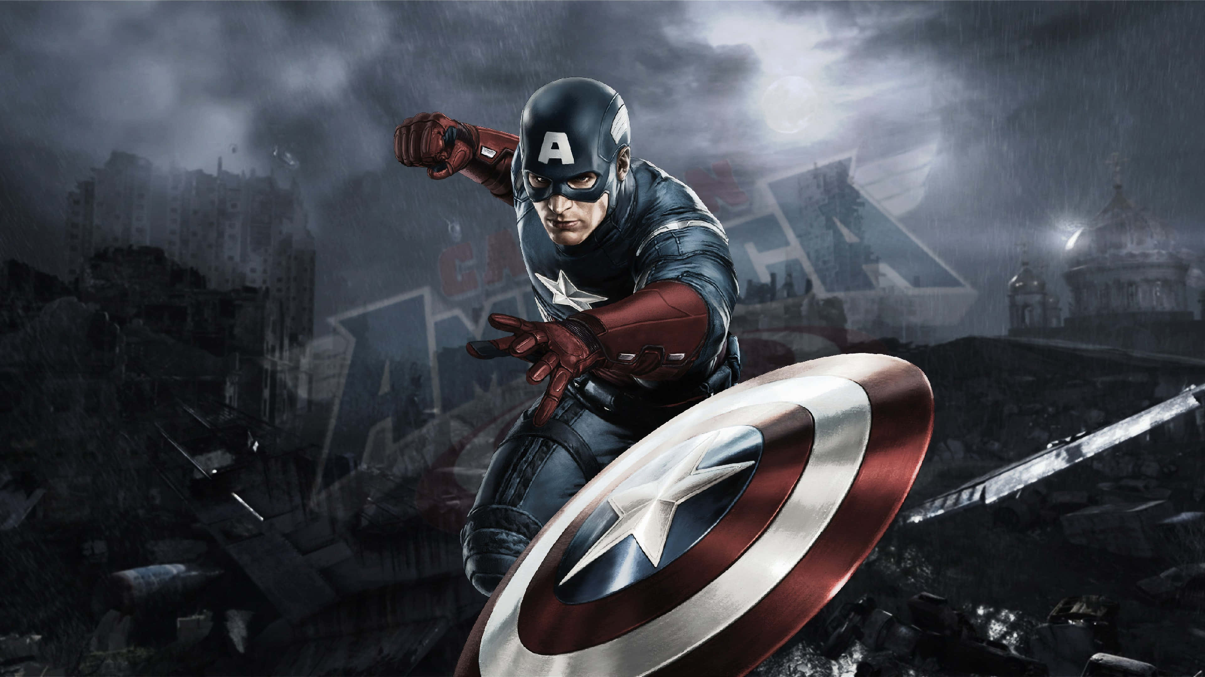Captain America, star shield, stormy moonlit sky, 4K Desktop Wallpaper