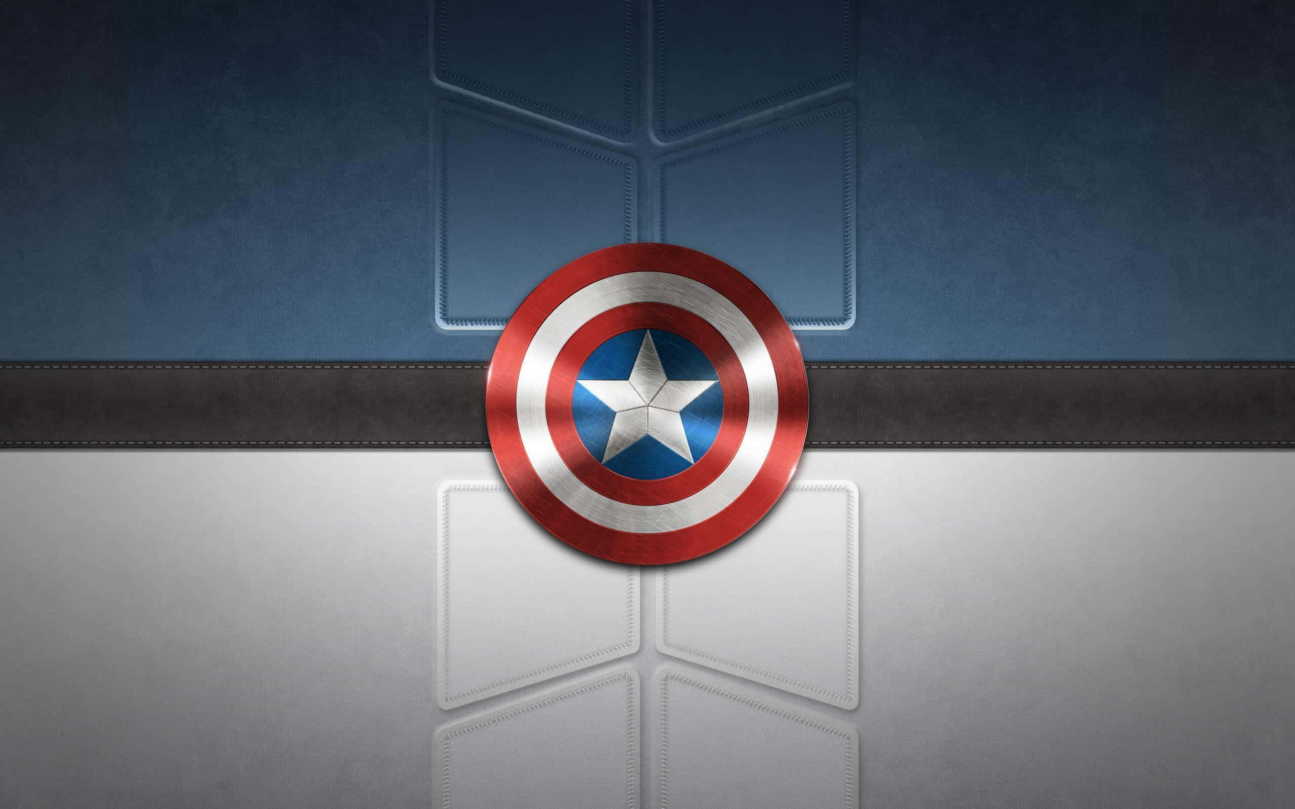 Captain America, red white and blue shield, textured blue and silver leather wall, 2K Desktop Wallpaper