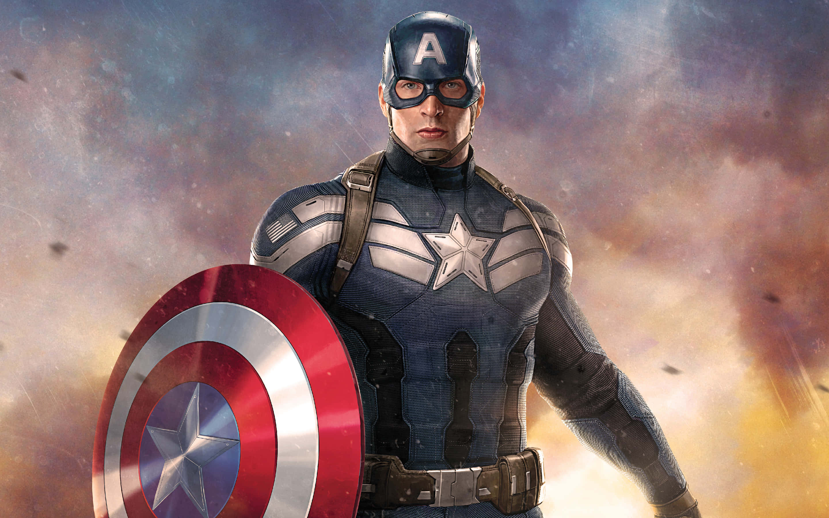 Captain America, blue star-spangled suit, circular red white and blue shield, 2K Desktop Wallpaper