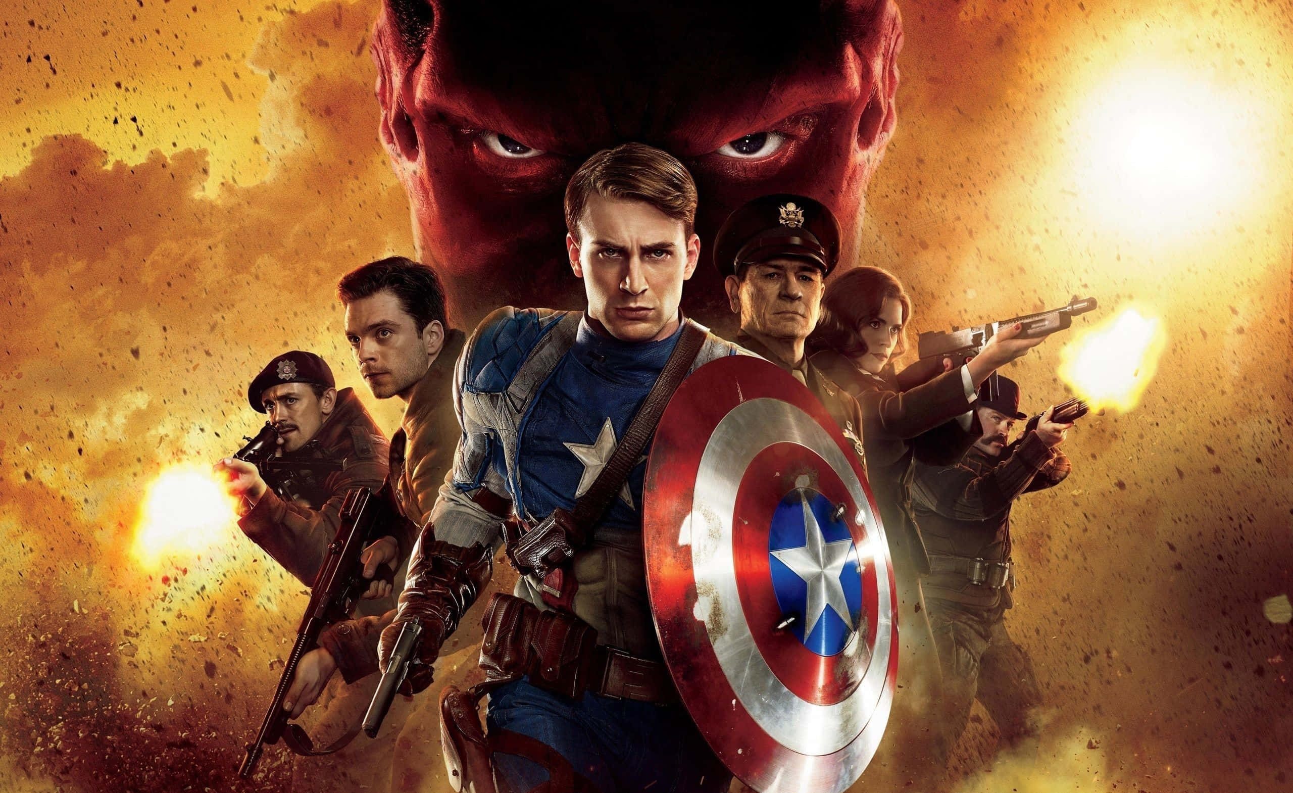 Captain America, Team Action Pose, fiery battlefield, 2K Desktop Wallpaper