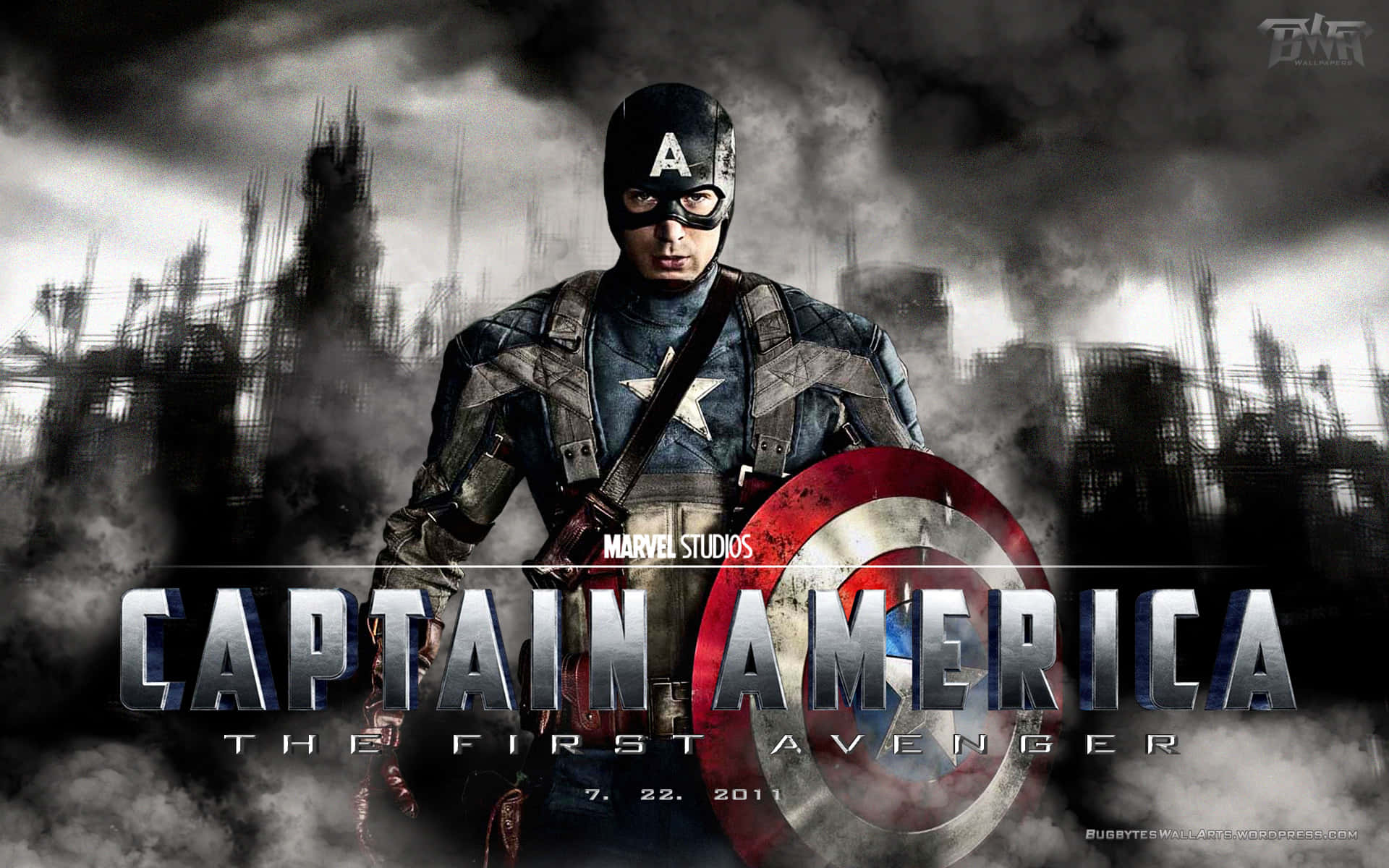 Captain America, iconic shield, war-torn cityscape, Full HD Desktop Wallpaper