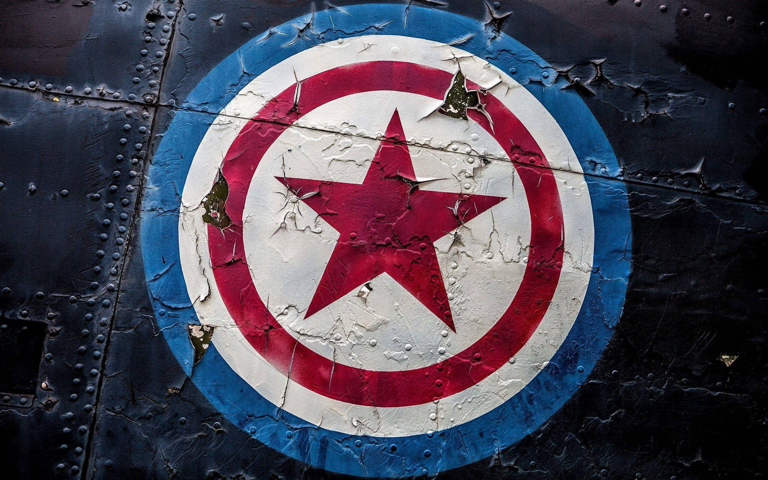 Captain America shield, dark metal aircraft fuselage, riveted, 2K Desktop Wallpaper