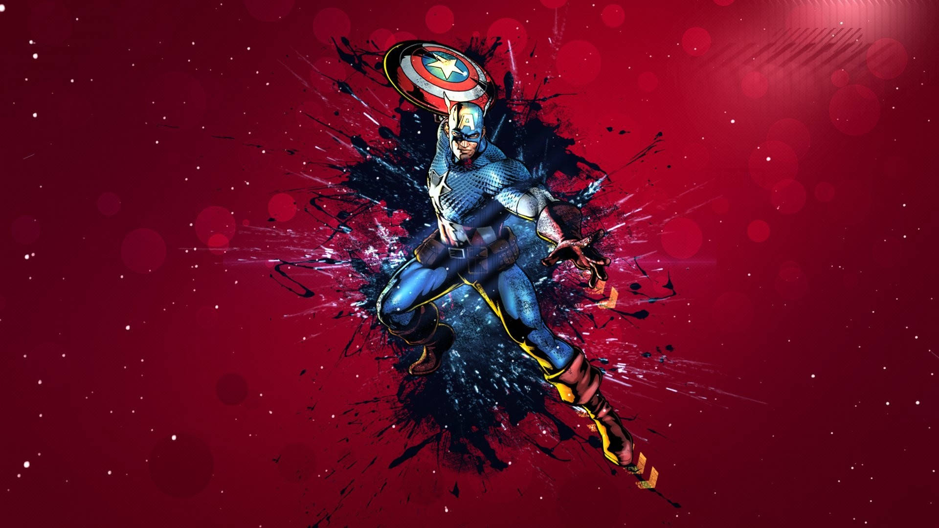 Captain America Shield, vivid red background, explosive black paint splatters, Full HD Desktop Wallpaper