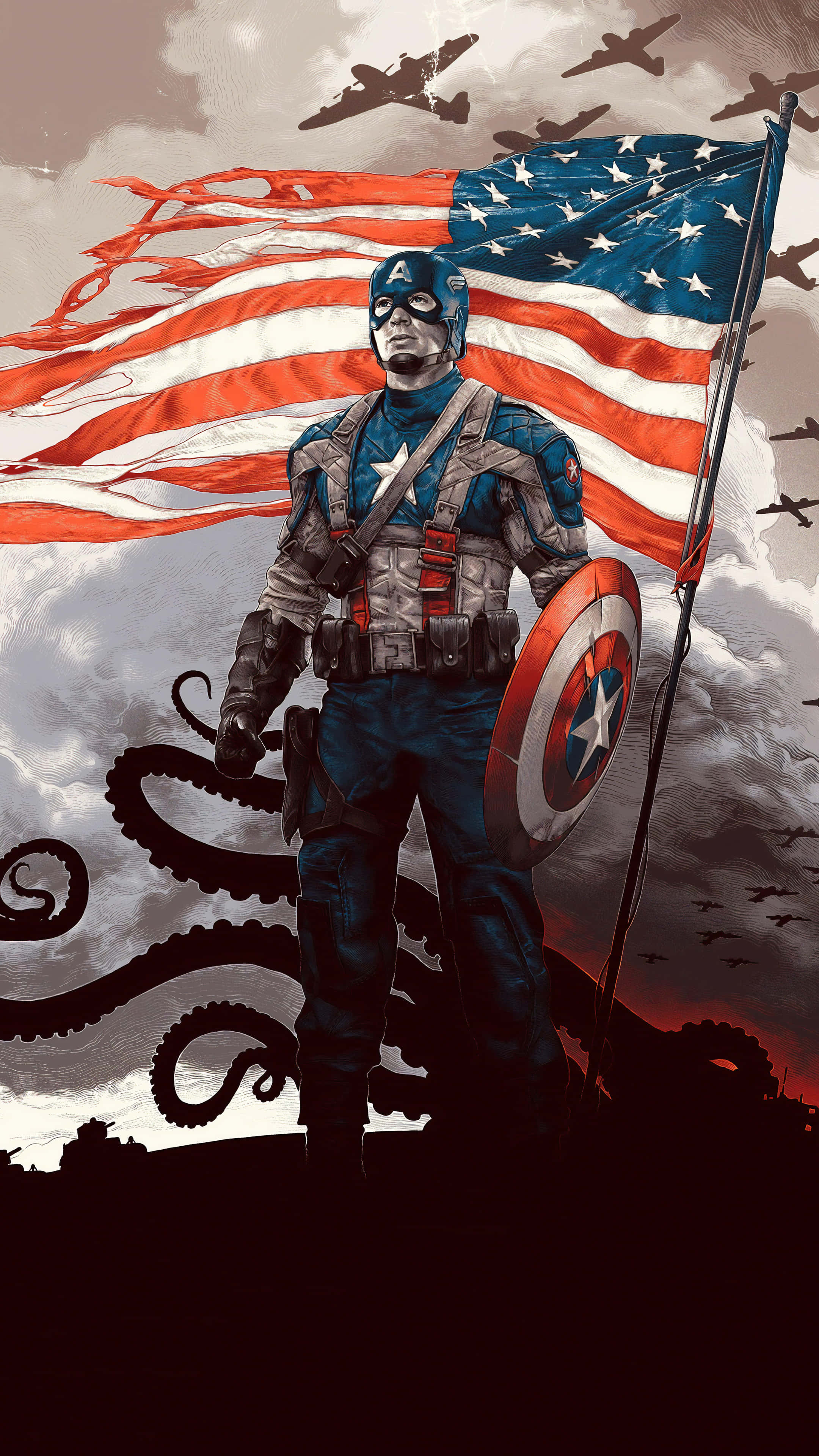 Captain America, shield, octopus tentacles, 4K Phone Wallpaper