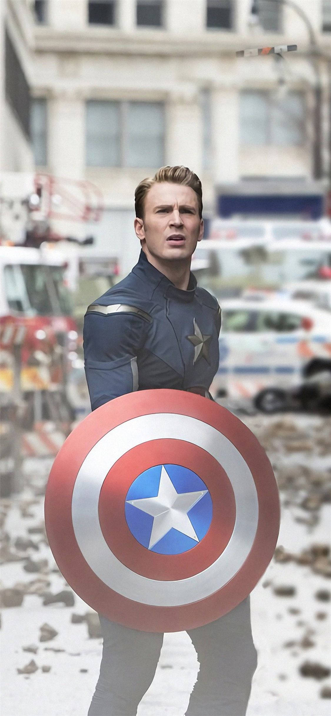 Captain America, red white and blue shield, snowy urban street, Full HD Phone Wallpaper