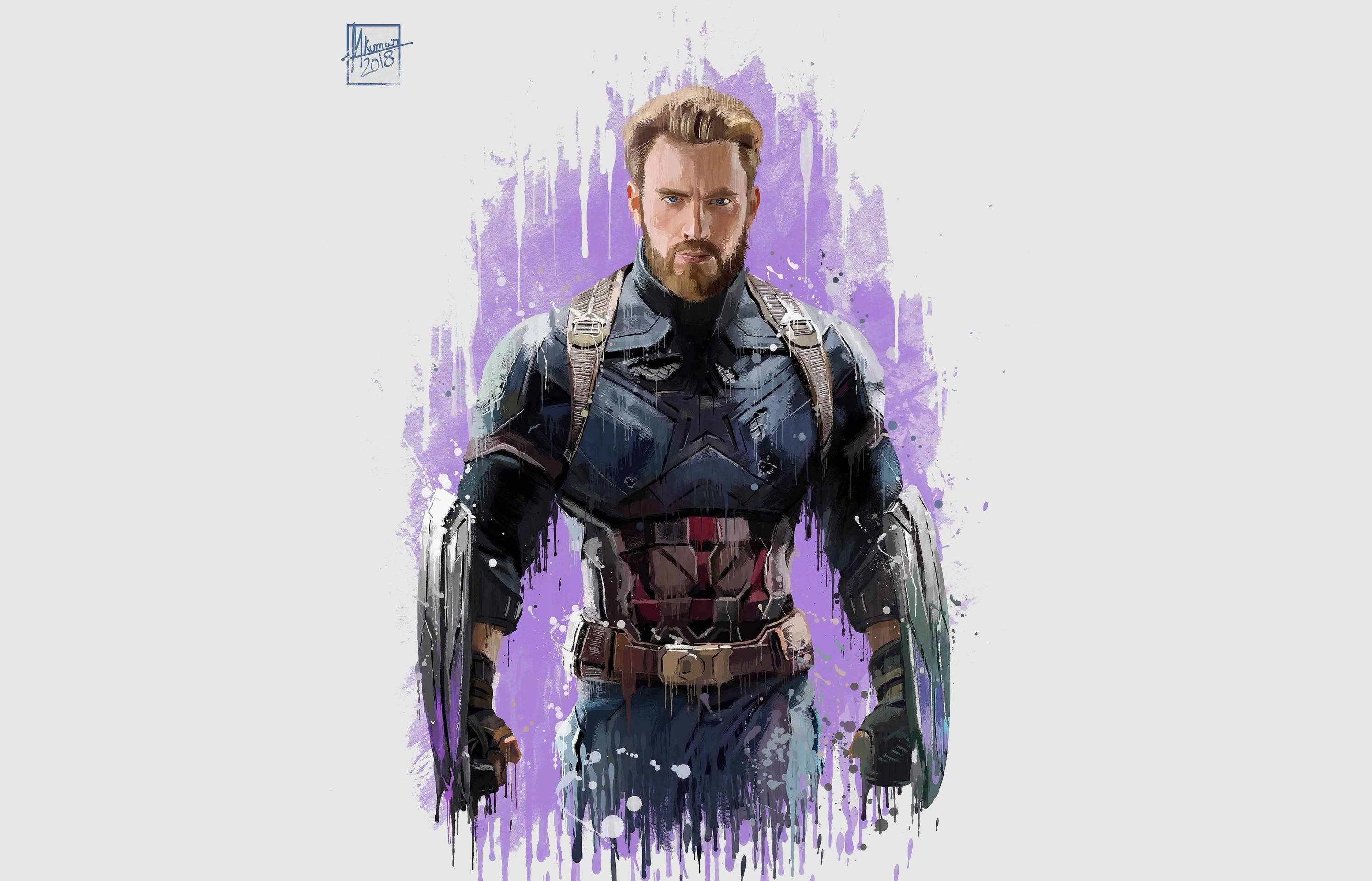 Captain America, iconic suit, purple paint splatter background, 2K Desktop Wallpaper