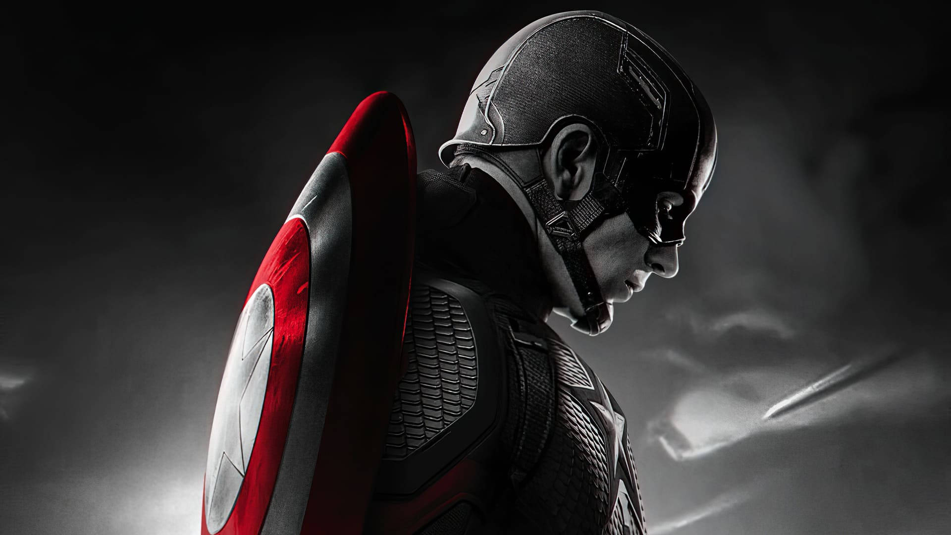 Captain America, red white and blue shield, dark stormy sky, Full HD Desktop Wallpaper