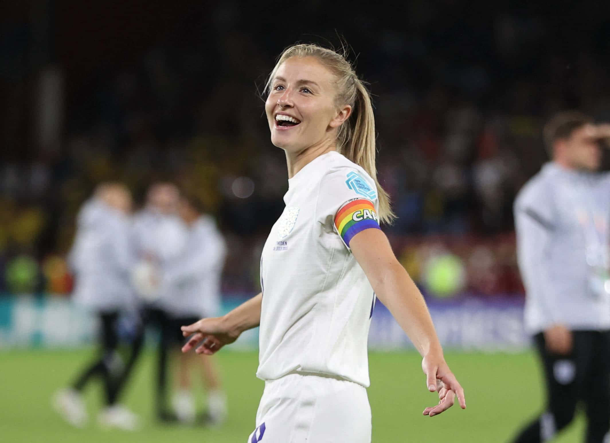 female soccer player, rainbow captain armband, white uniform, Full HD Desktop Wallpaper