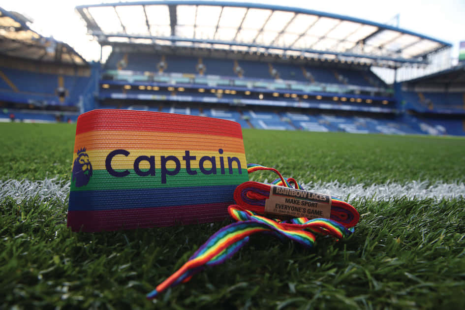 rainbow captain armband, football pitch grass, stadium stands, SD Desktop Wallpaper