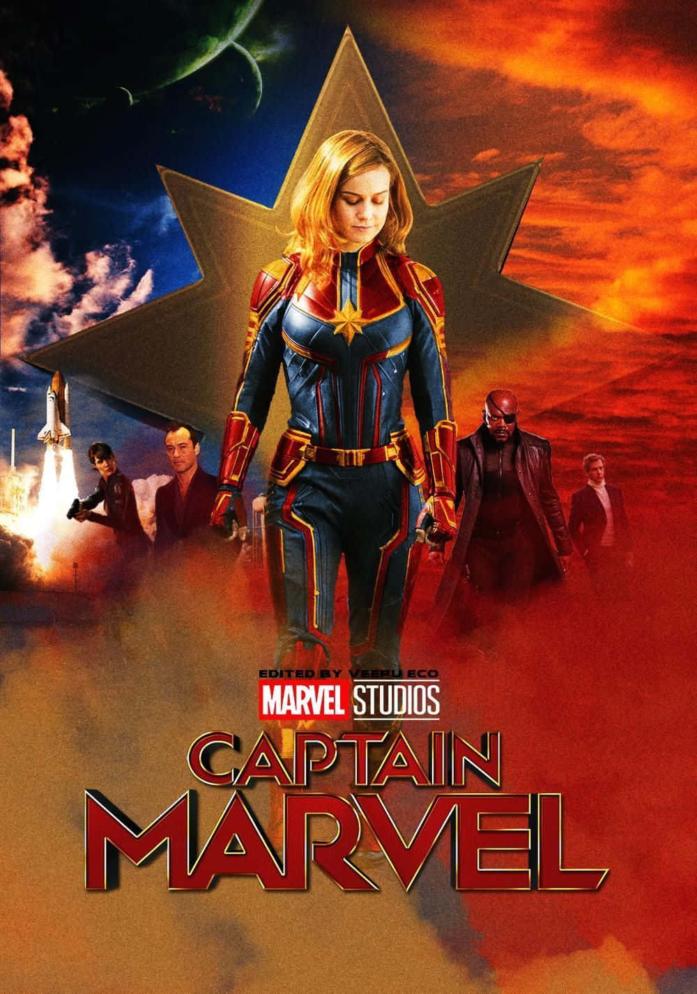 Captain Marvel 2, blue and red suit, fiery sky, HD Phone Wallpaper