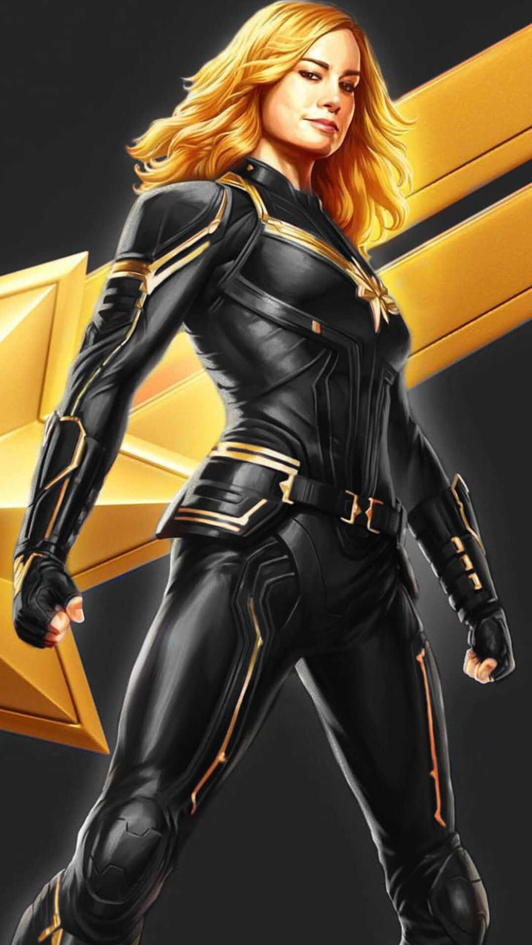 Captain Marvel 2, black and gold armored suit, golden star backdrop, Full HD Phone Wallpaper