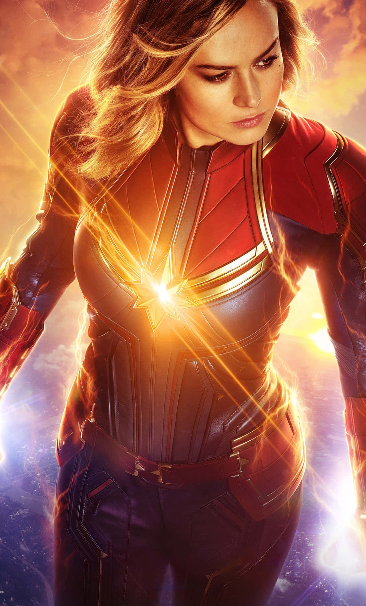 Captain Marvel, glowing red and blue suit, radiant star emblem, Full HD Phone Wallpaper