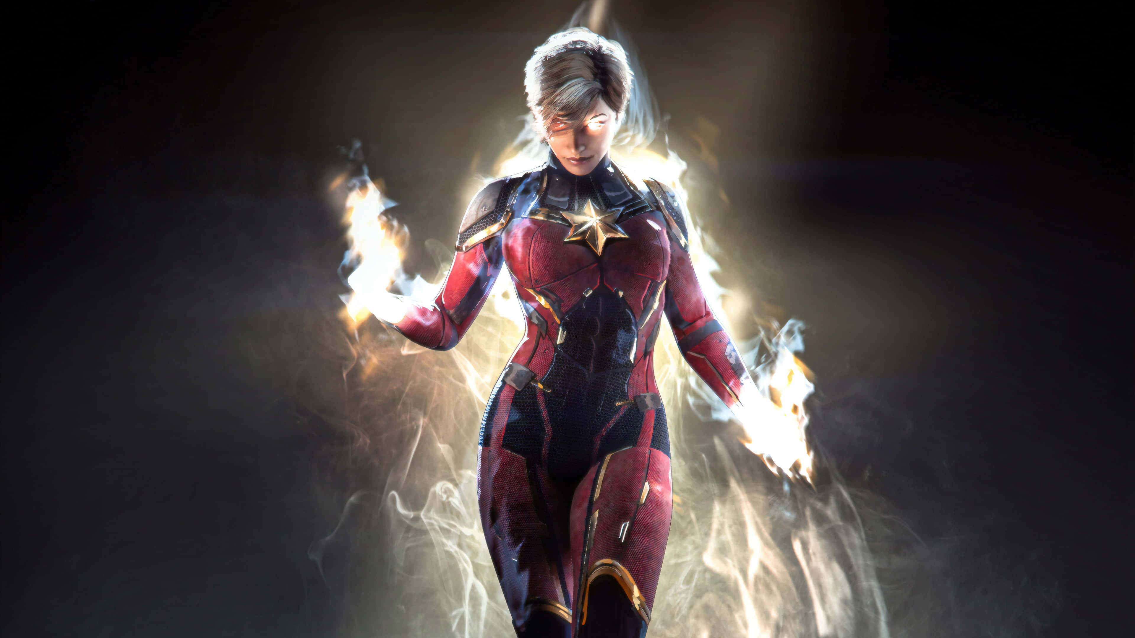 Captain Marvel, red and gold suit, flames erupt from her hands, 4K Desktop Wallpaper