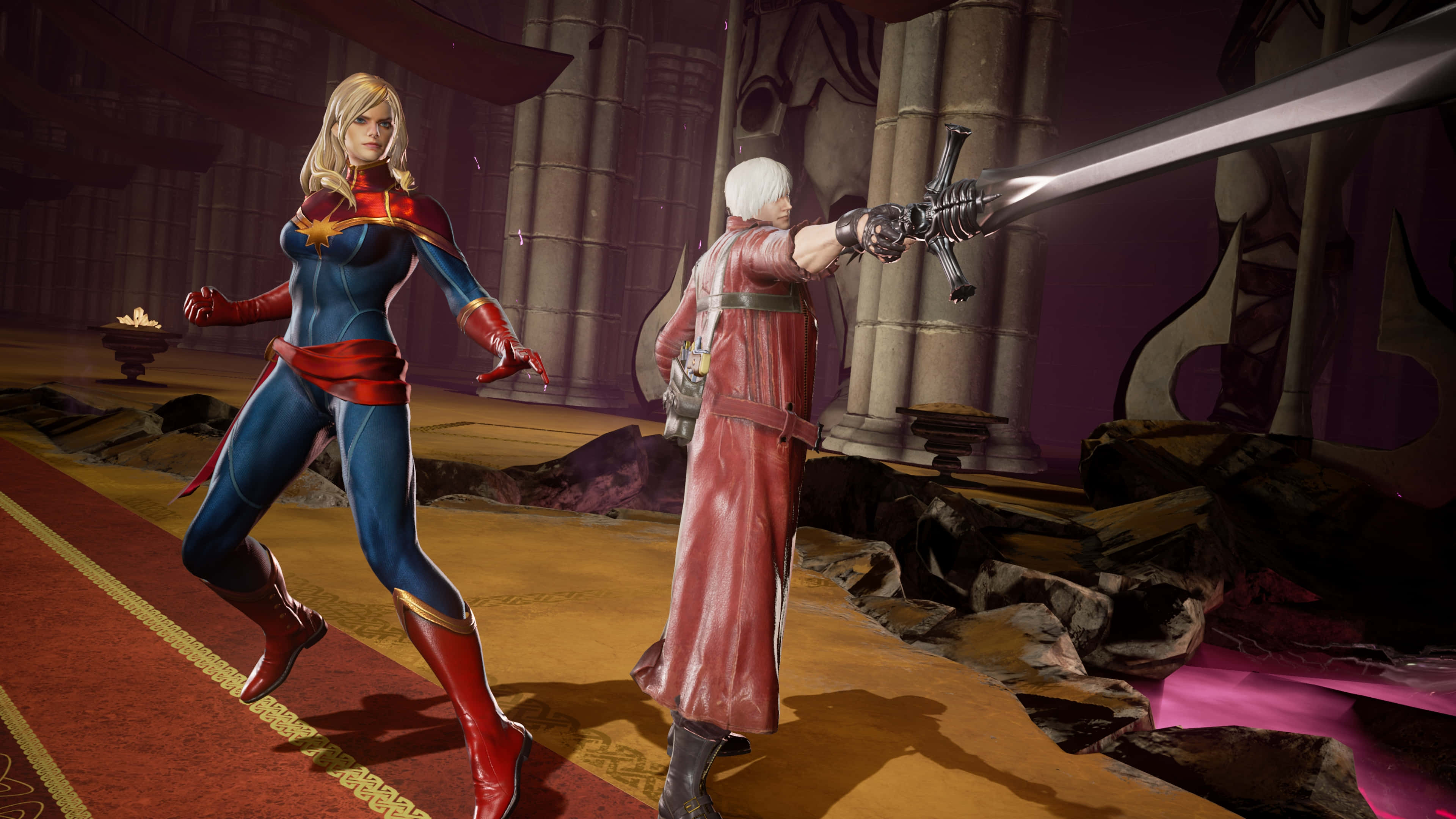 Captain Marvel, sword-wielding warrior, ruinous temple, 4K Desktop Wallpaper