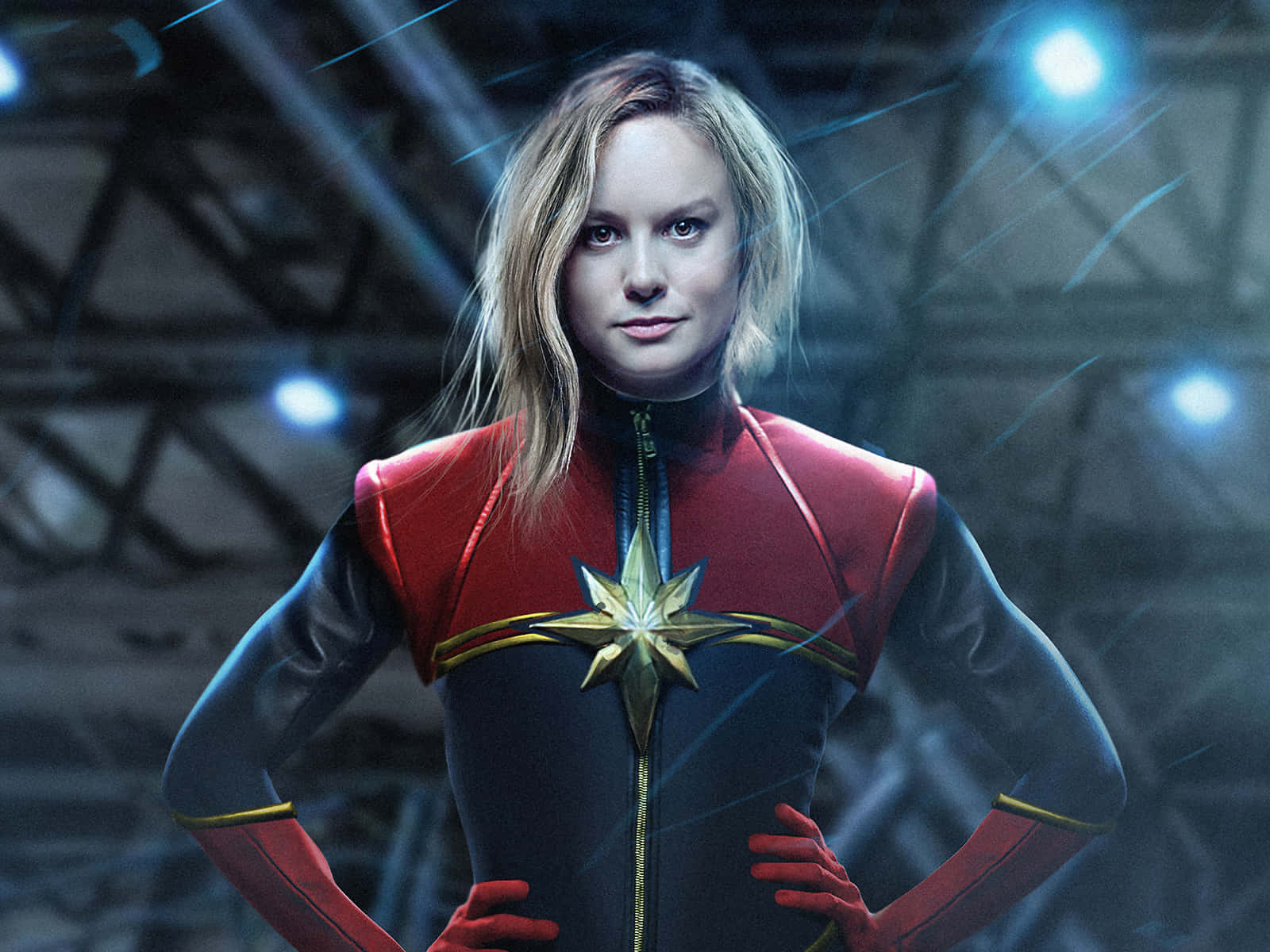 Captain Marvel, red and blue suit, gold star emblem, HD Desktop Wallpaper