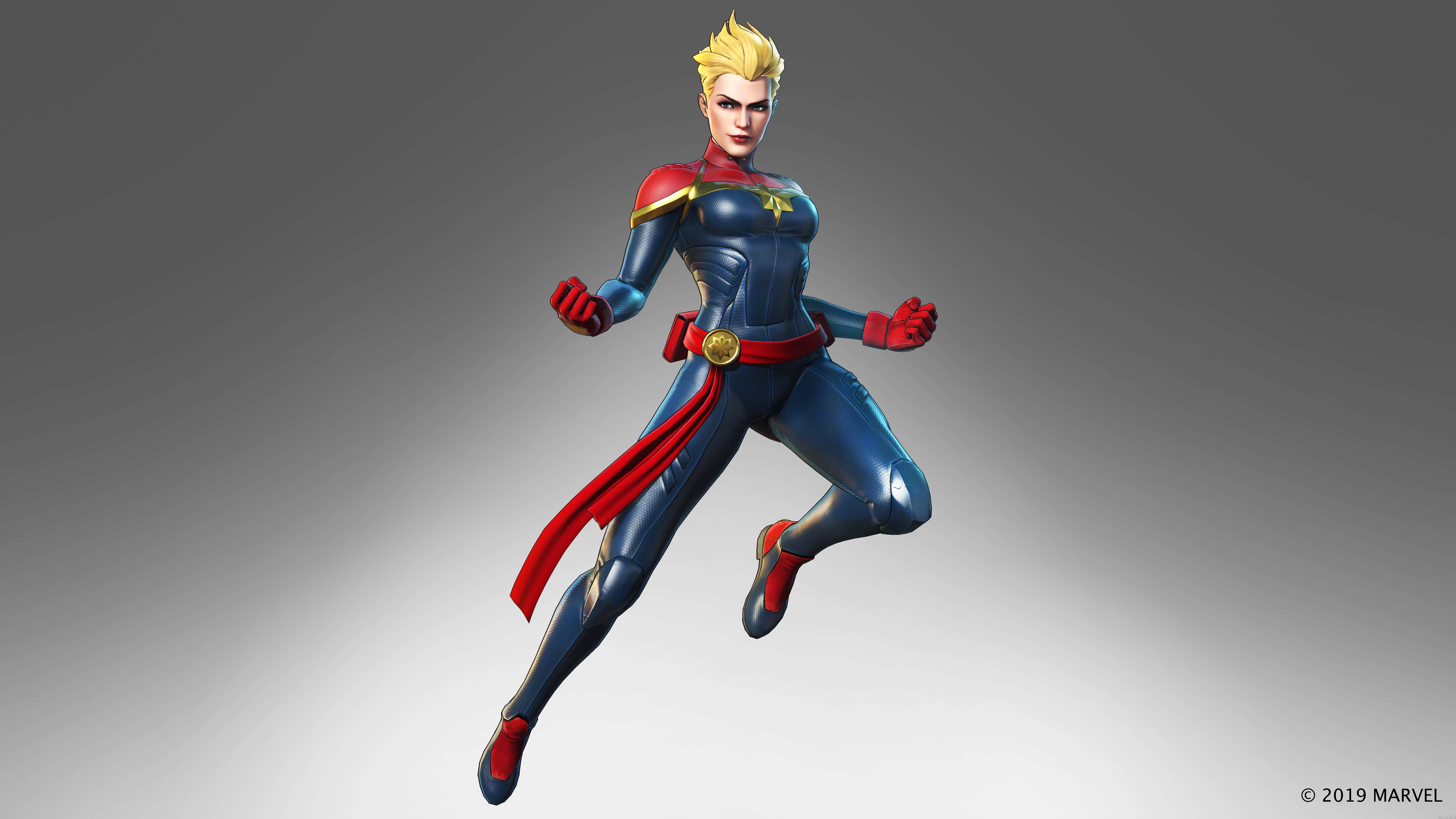 Captain Marvel, blue and red suit, gradient gray background, 8K Desktop Wallpaper