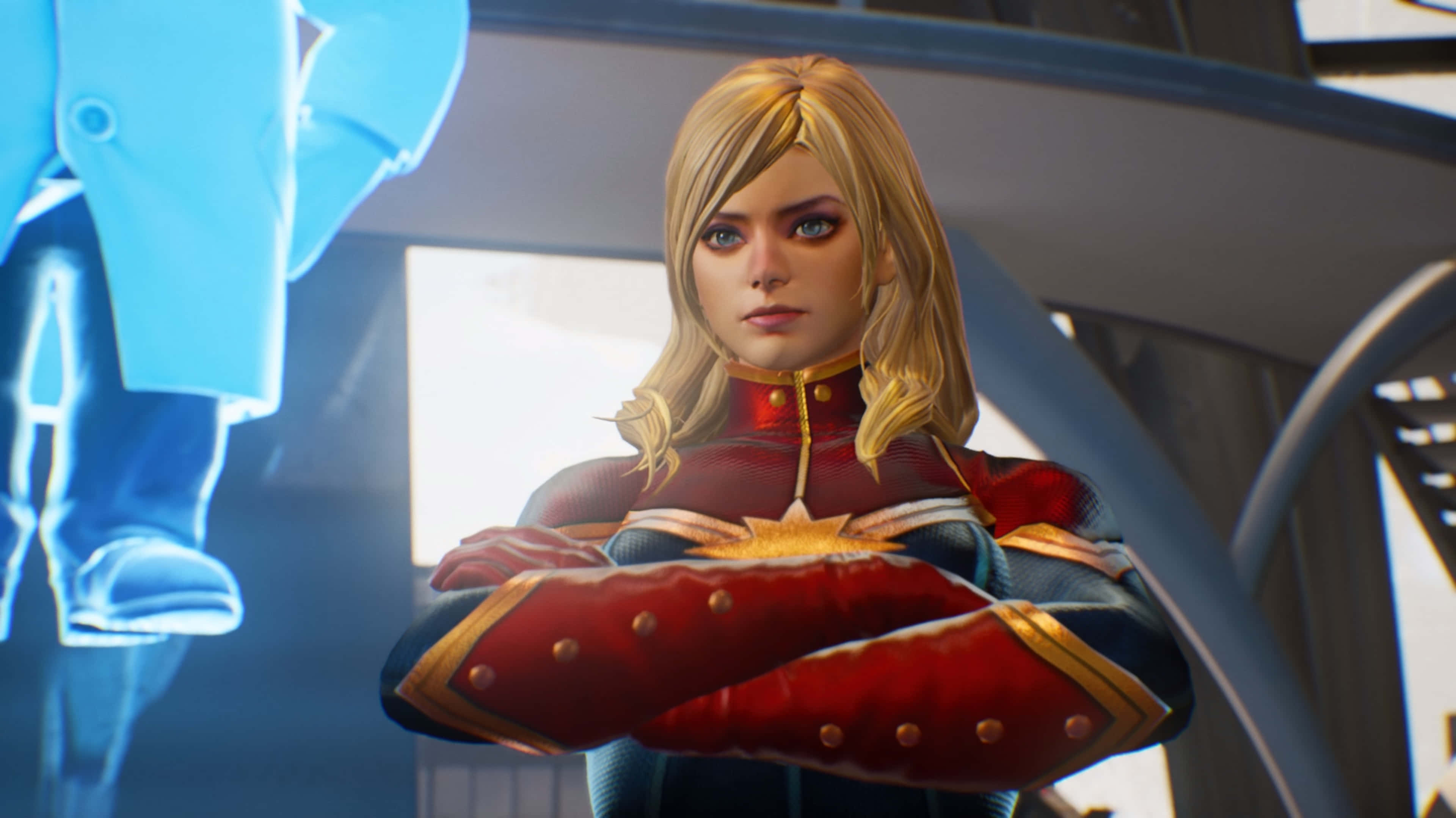 Captain Marvel, 3D, futuristic blue and silver room, 4K Desktop Wallpaper