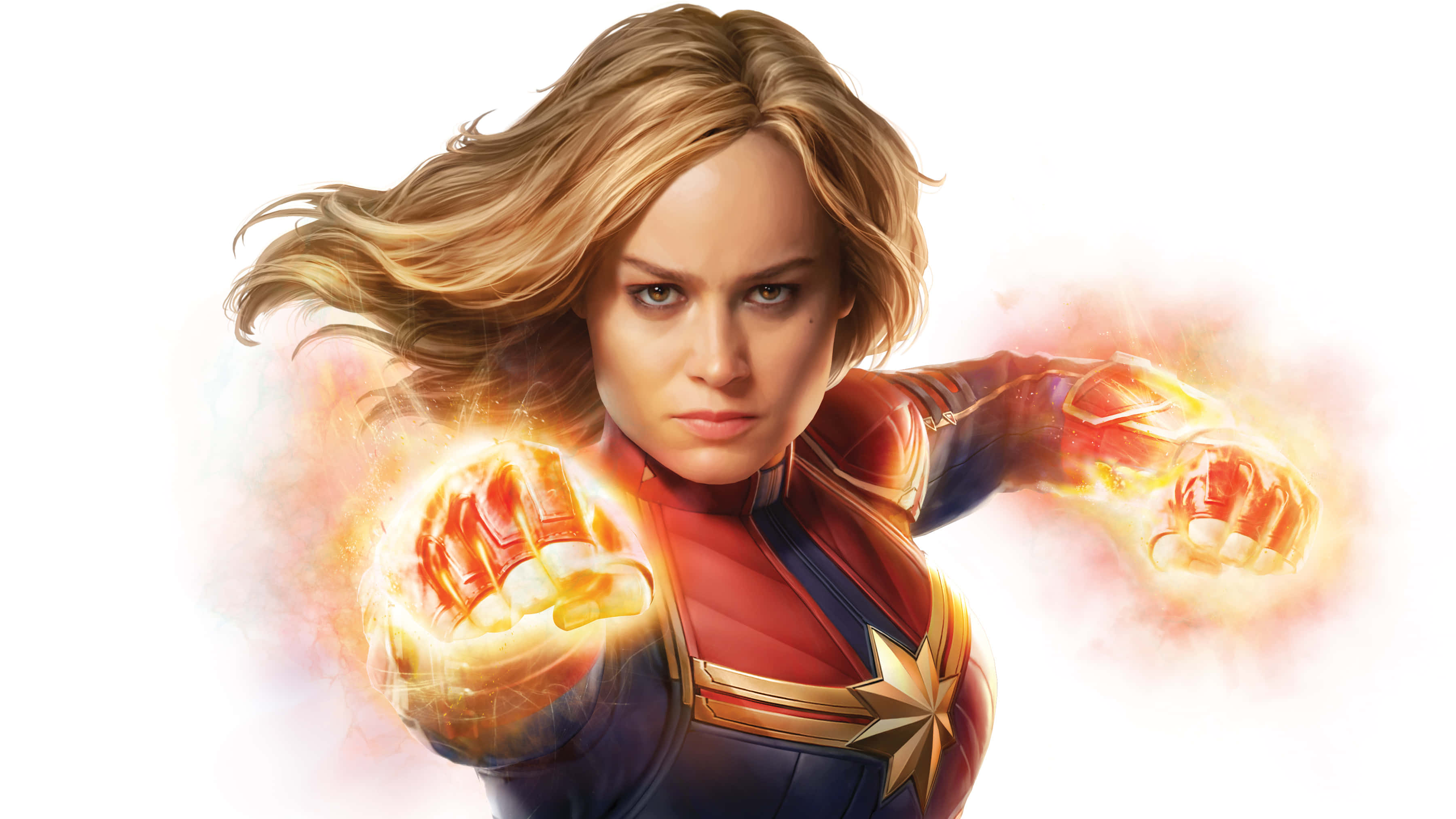 Captain Marvel, red and blue suit, glowing energy, 2K Desktop Wallpaper