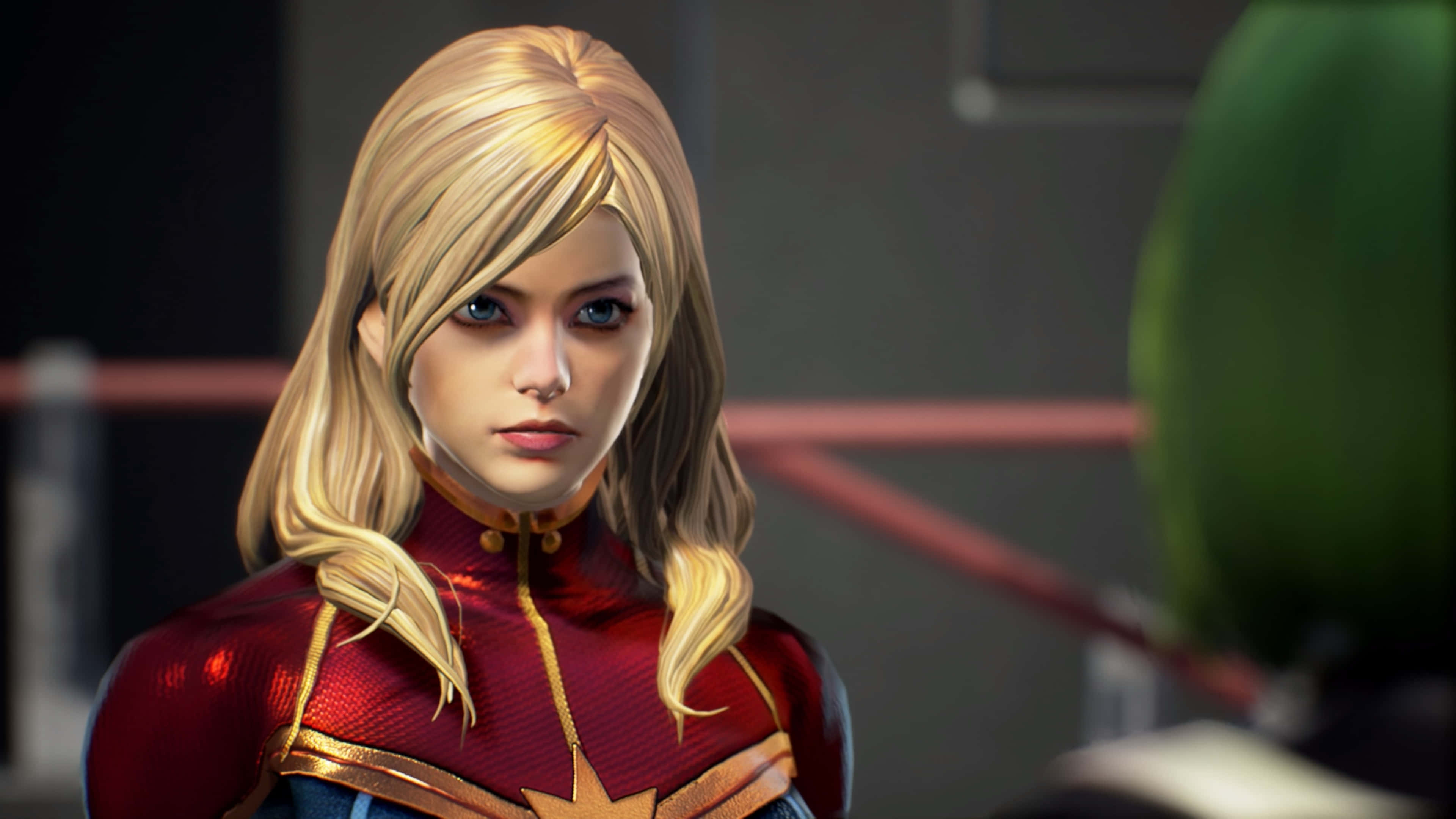 Captain Marvel, red and gold suit, star emblem, 4K Desktop Wallpaper