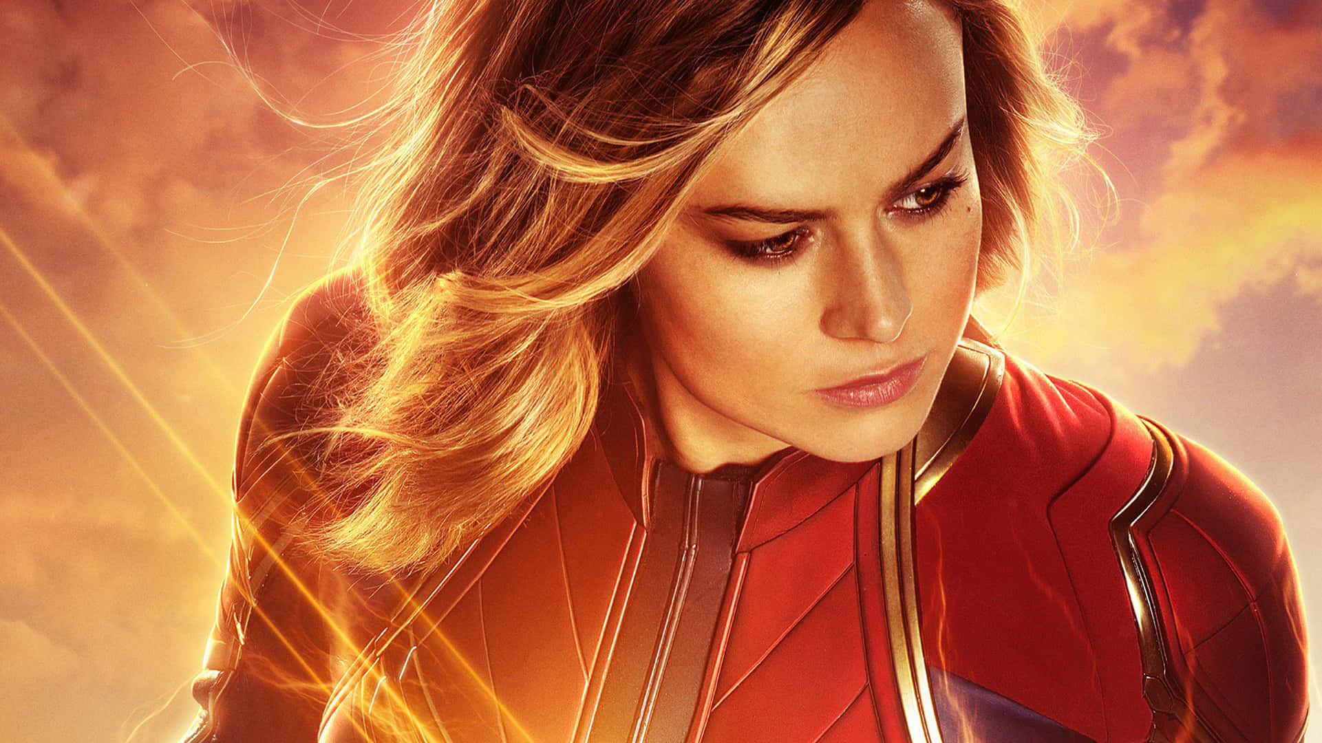 Captain Marvel, red suit, glowing energy beams, Full HD Desktop Wallpaper