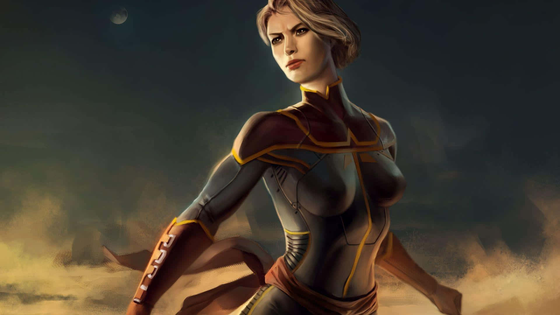 Captain Marvel, stormy twilight sky, crescent moon, Full HD Desktop Wallpaper