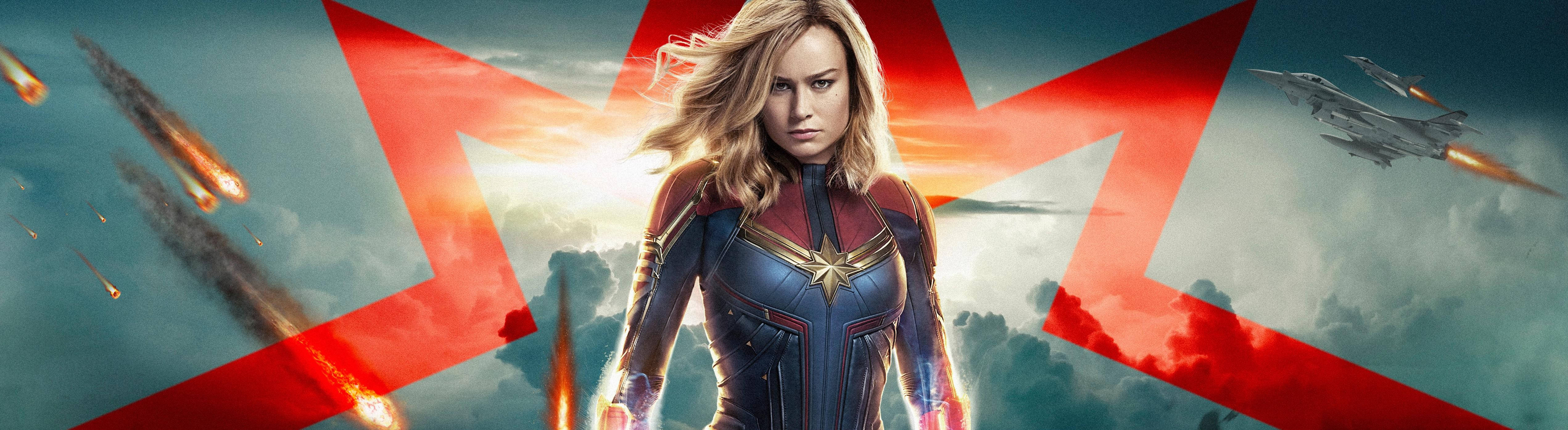 Captain Marvel, red starburst, fighter jets, 4K Desktop Wallpaper