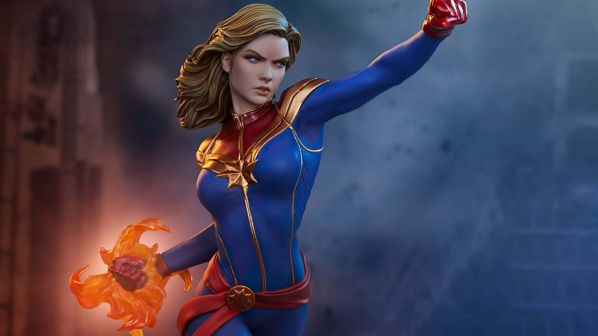 Captain Marvel, blue red and gold suit, flaming orb, Full HD Desktop Wallpaper
