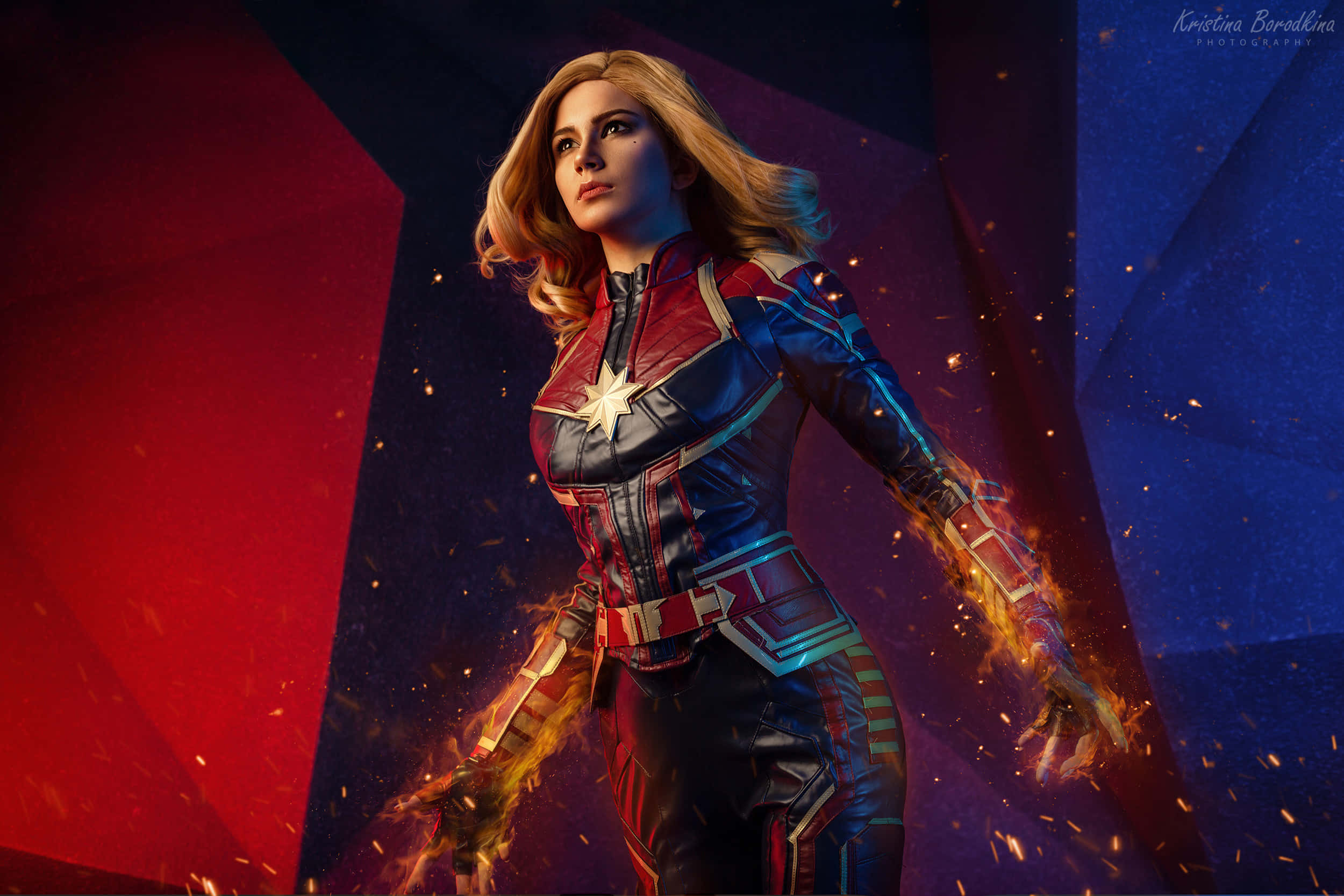 Captain Marvel, 3D adventure, fiery energy, Full HD Desktop Wallpaper