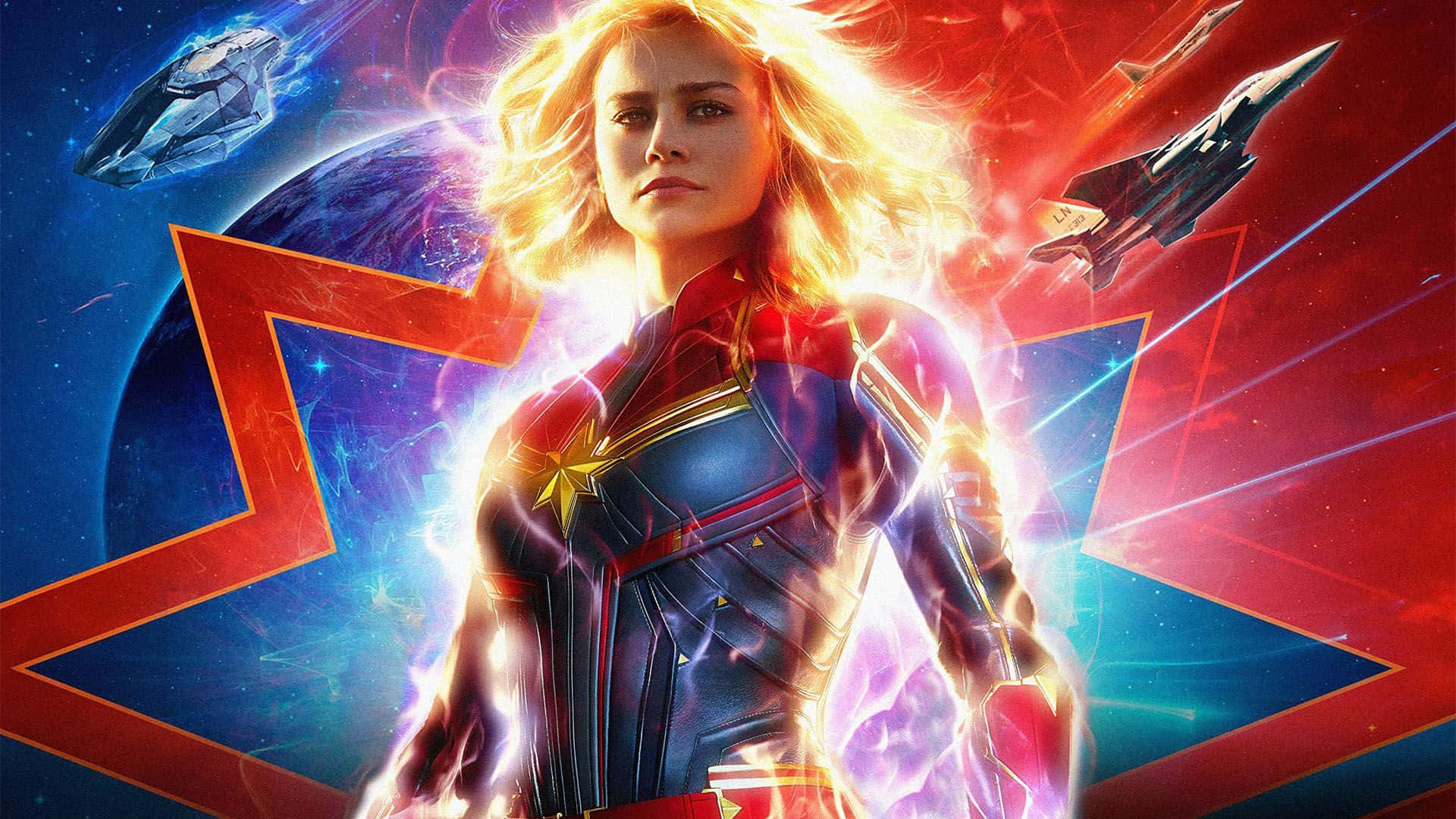 Captain Marvel, cosmic setting, glowing energy, Full HD Desktop Wallpaper