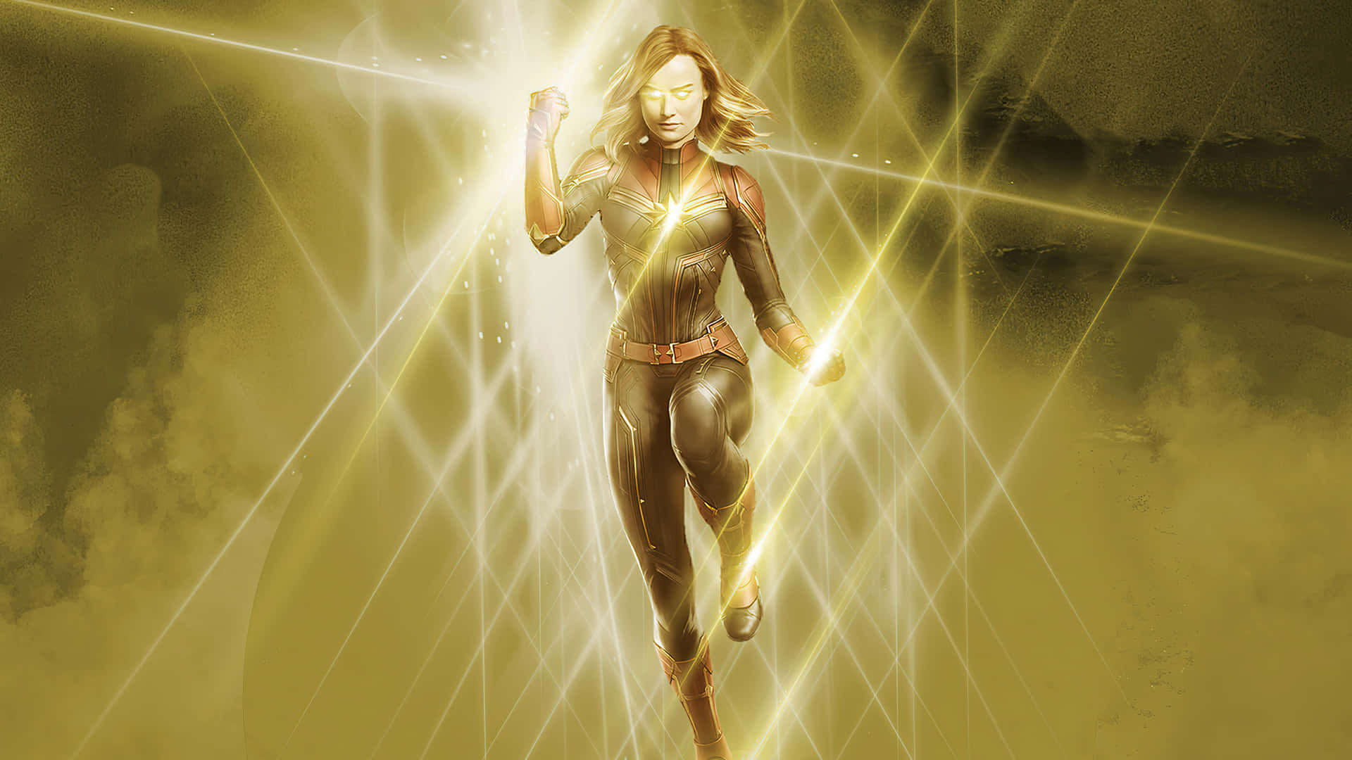 Captain Marvel, golden storm of light, glowing energy, Full HD Desktop Wallpaper