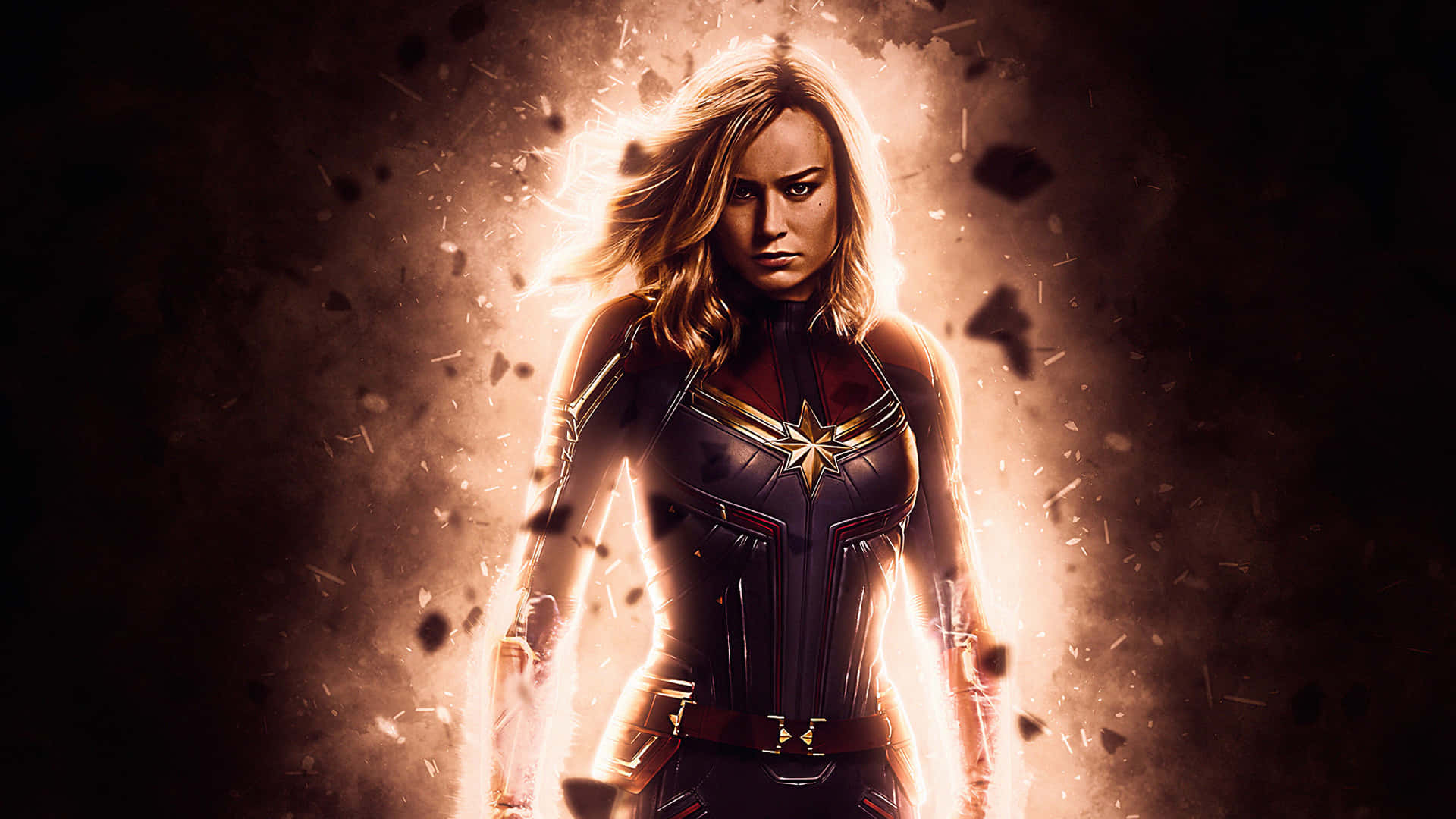 Captain Marvel, golden light, debris, Full HD Desktop Wallpaper
