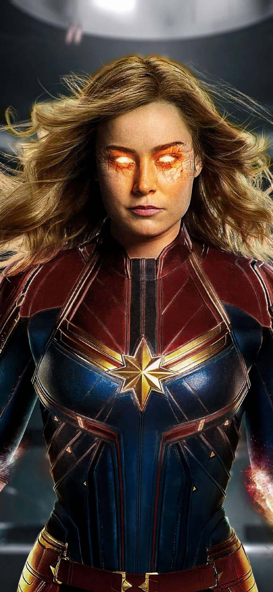 Captain Marvel, blue and red suit, glowing eyes, Full HD Phone Wallpaper