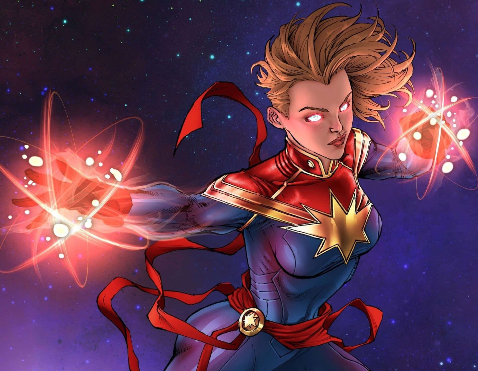 Captain Marvel, red and blue suit, gold star emblem, HD Desktop Wallpaper