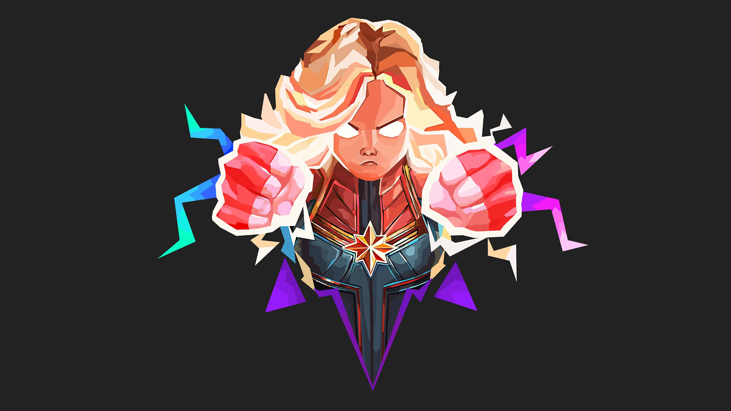 Captain Marvel, power stance, geometric energy shards, 2K Desktop Wallpaper