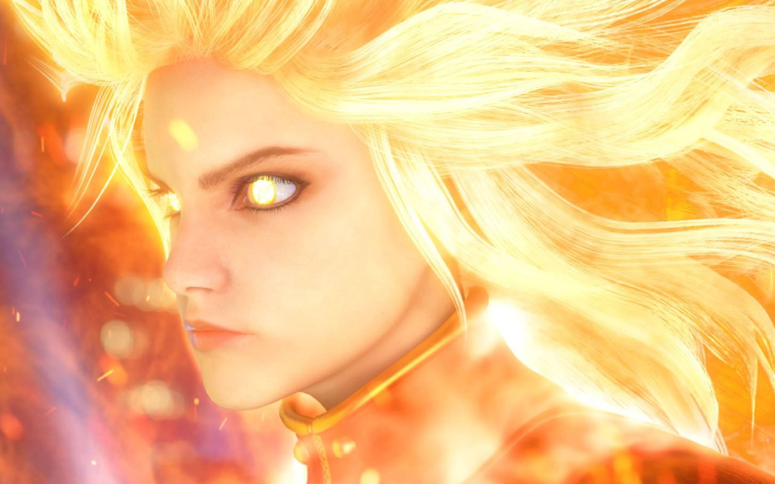 Captain Marvel, fiery-haired anime woman, glowing eyes, 2K Desktop Wallpaper