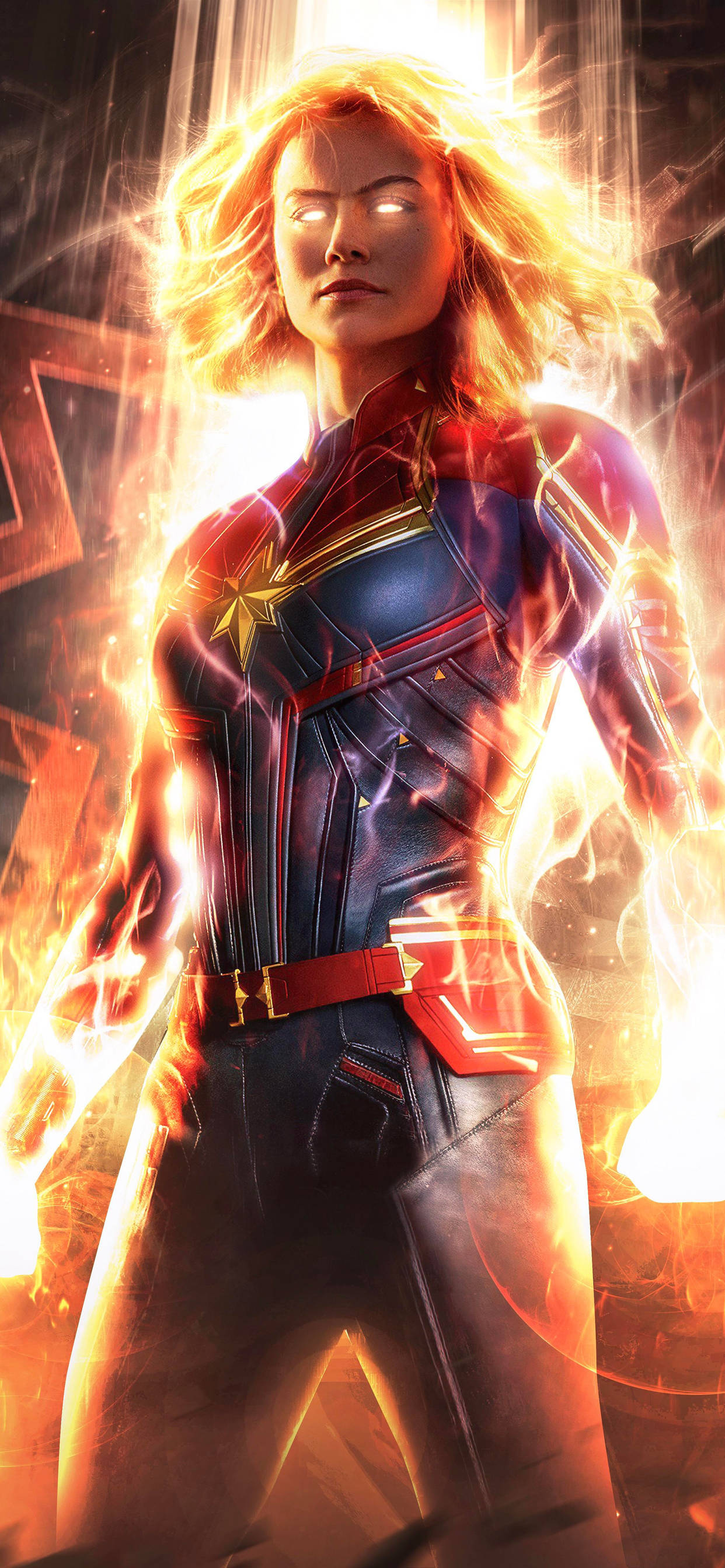 Captain Marvel, glowing eyes, flowing hair, 2K Phone Wallpaper