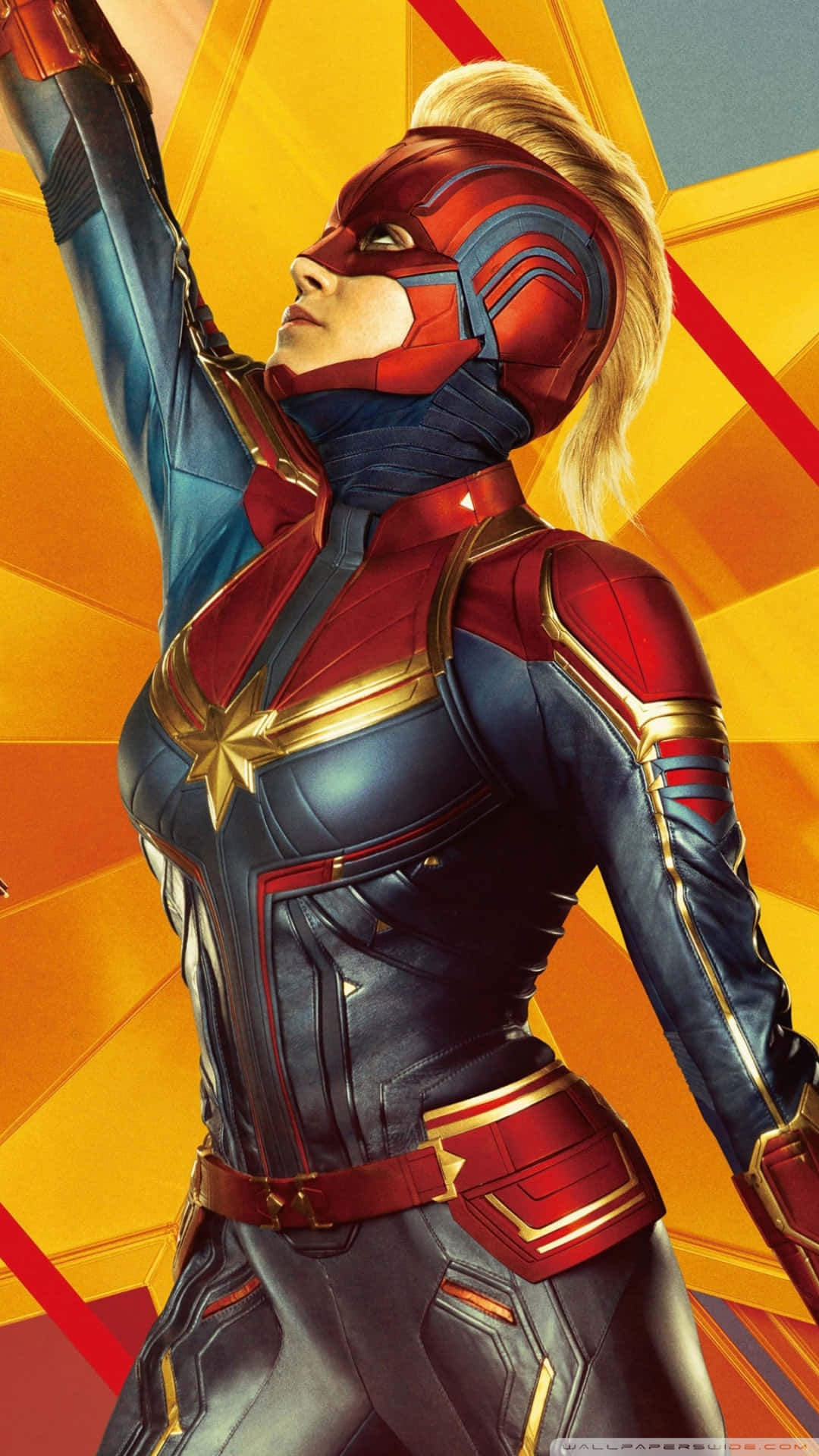 Captain Marvel, Carol Danvers, red blue and gold suit, Full HD Phone Wallpaper