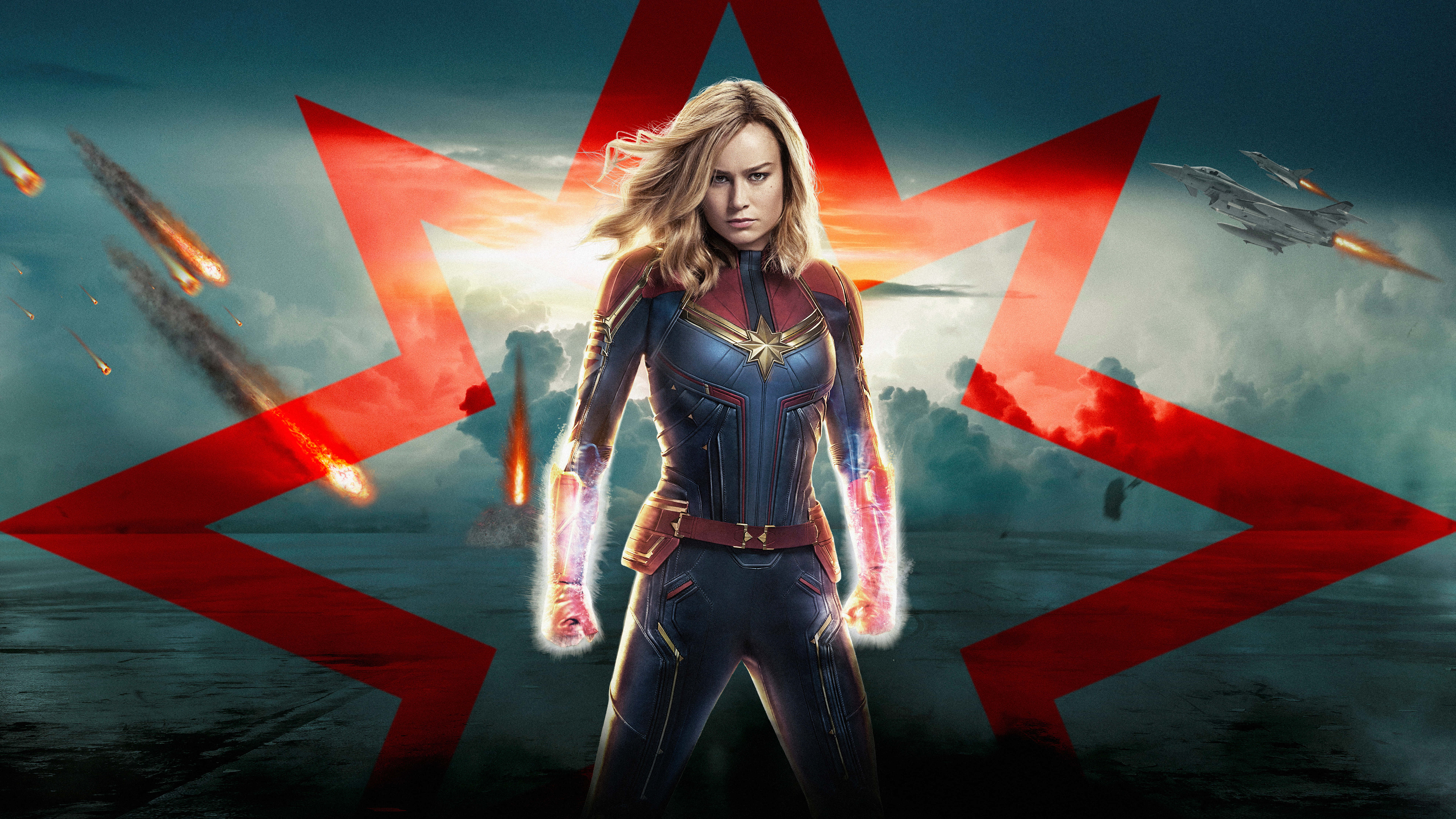 Captain Marvel, blue and red suit, glowing hands, 8K Desktop Wallpaper