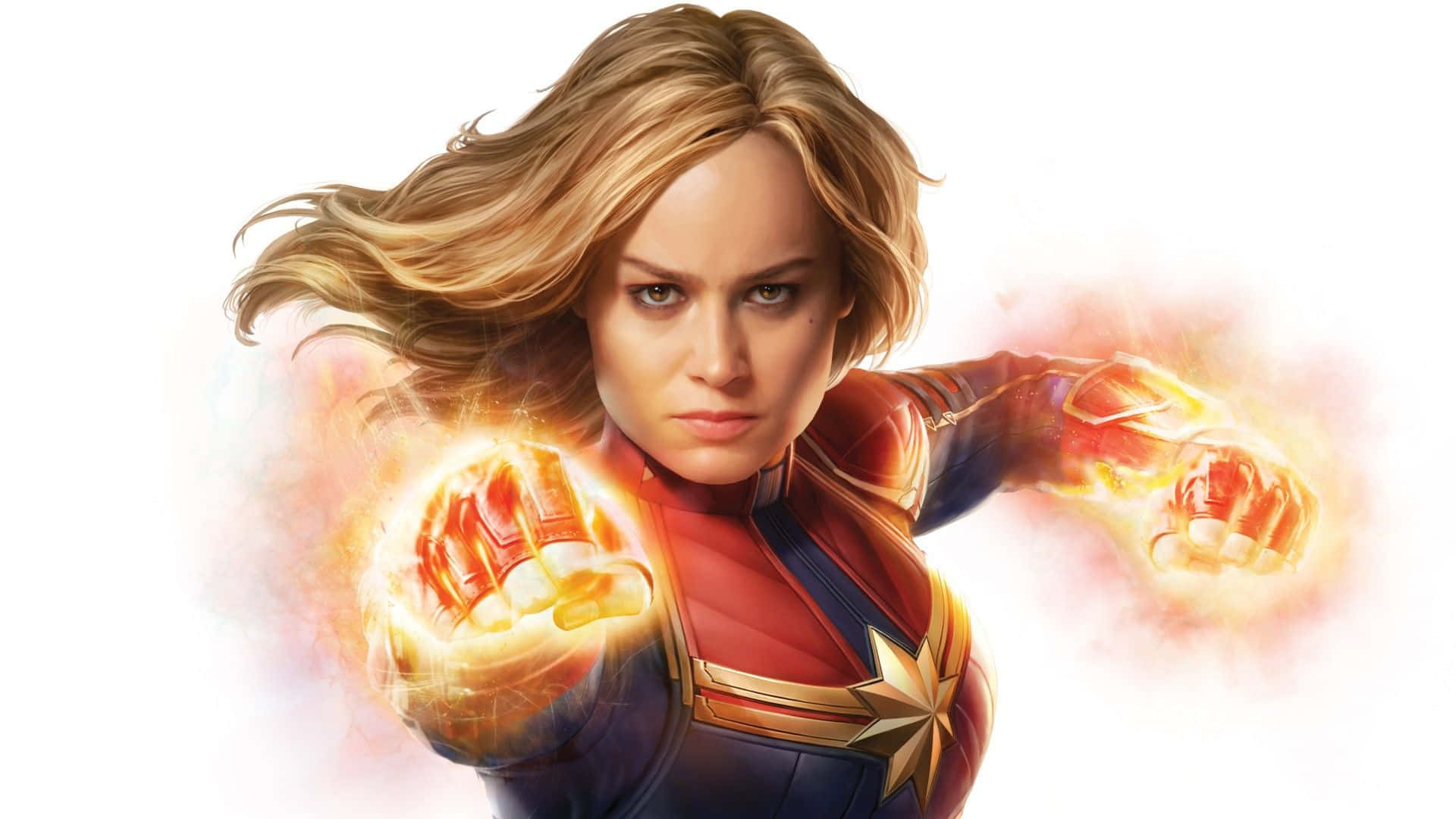 Captain Marvel, red and blue suit, glowing fists, Full HD Desktop Wallpaper