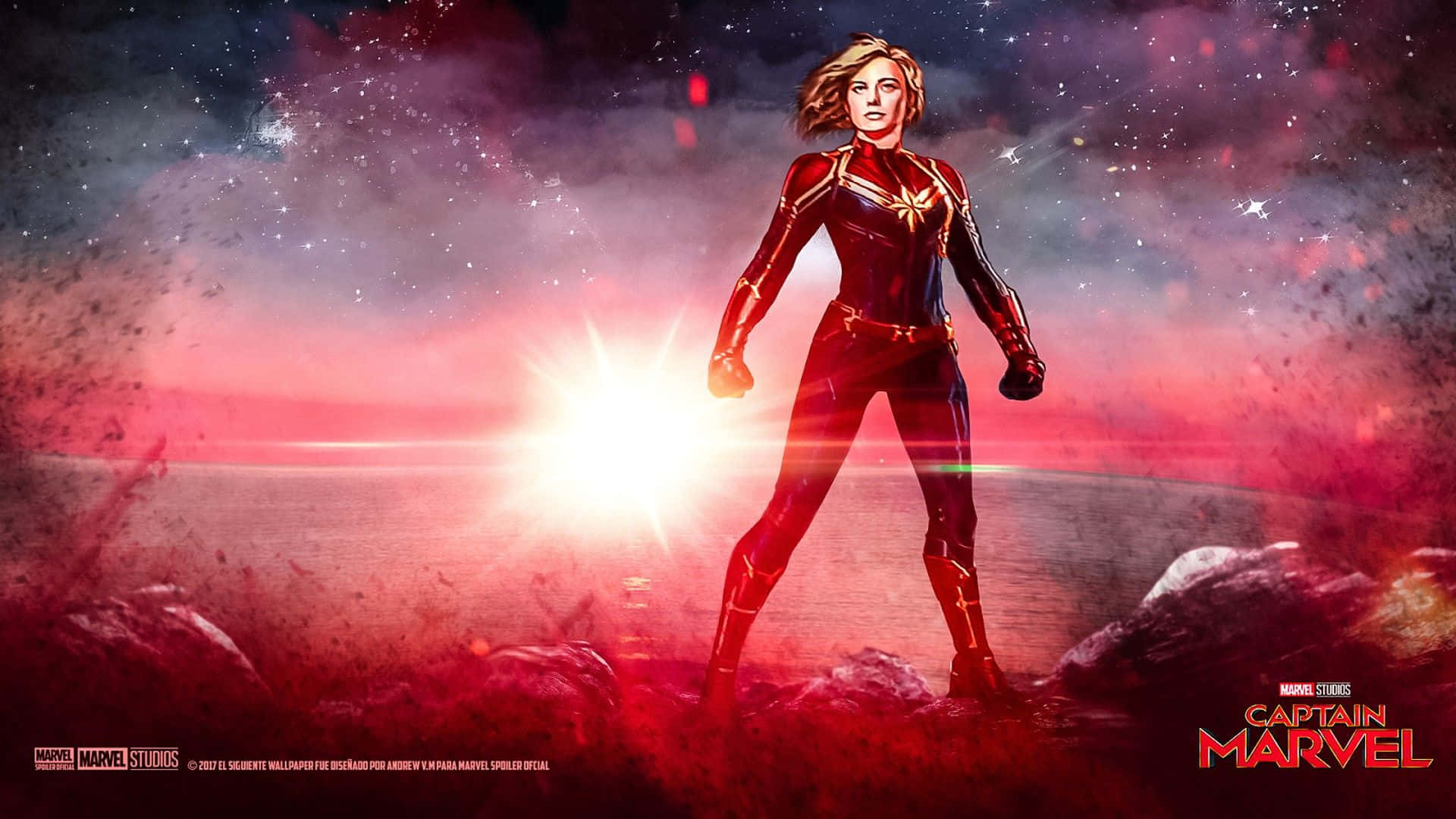 Captain Marvel, rocky planet, vibrant cosmic sky, Full HD Desktop Wallpaper