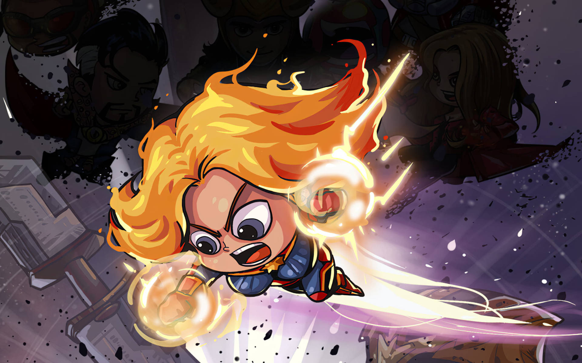 Captain Marvel, chibi superhero, fiery orange hair, Full HD Desktop Wallpaper