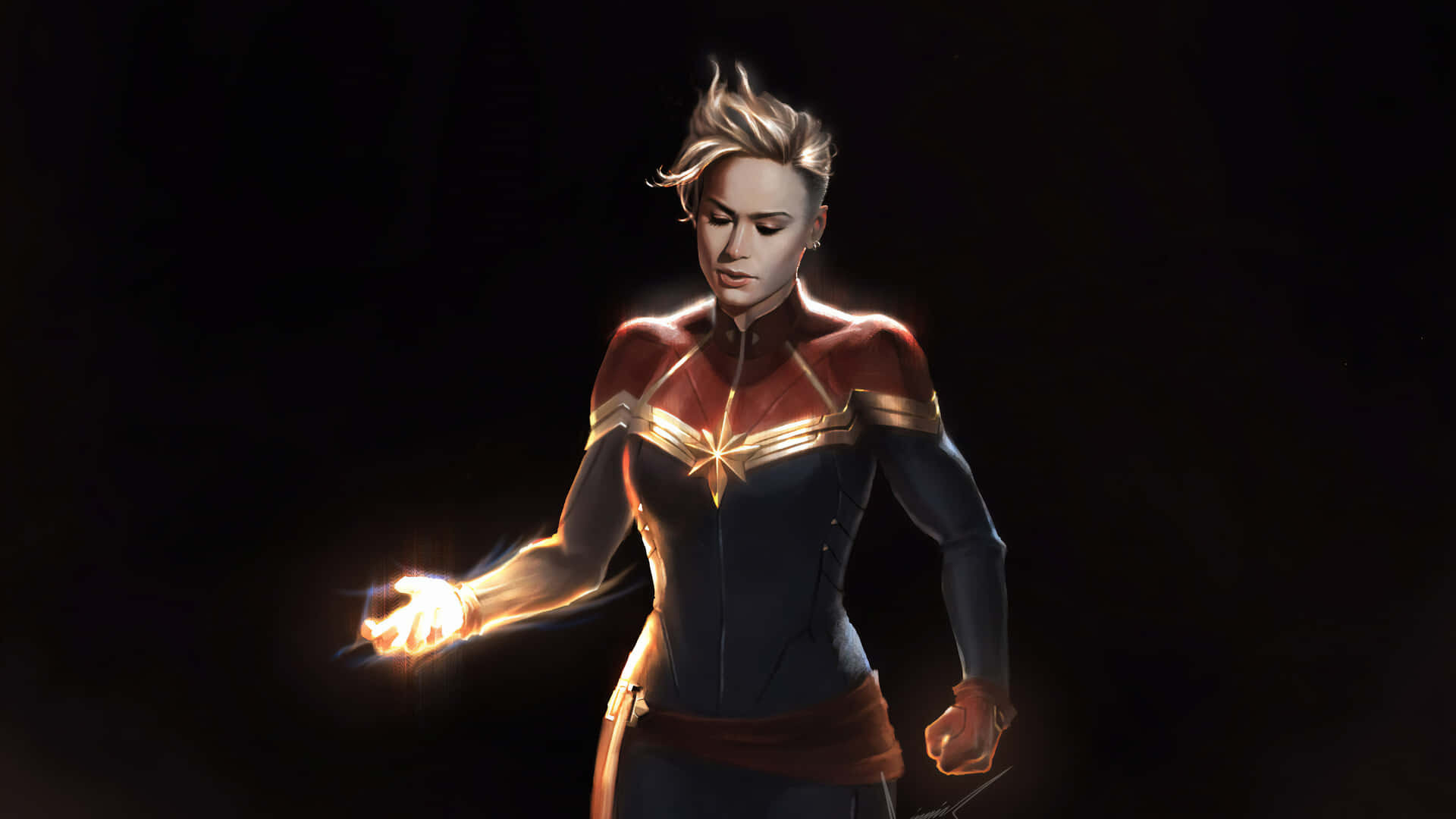 Captain Marvel, golden light, dark void, Full HD Desktop Wallpaper