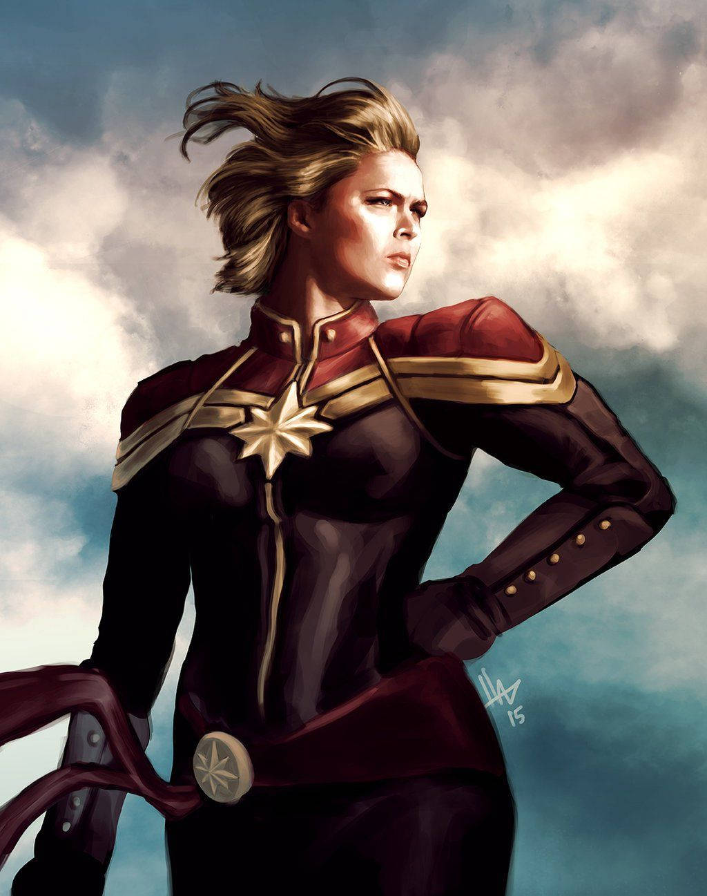 Captain Marvel, red gold and dark suit, star emblem, HD Phone Wallpaper