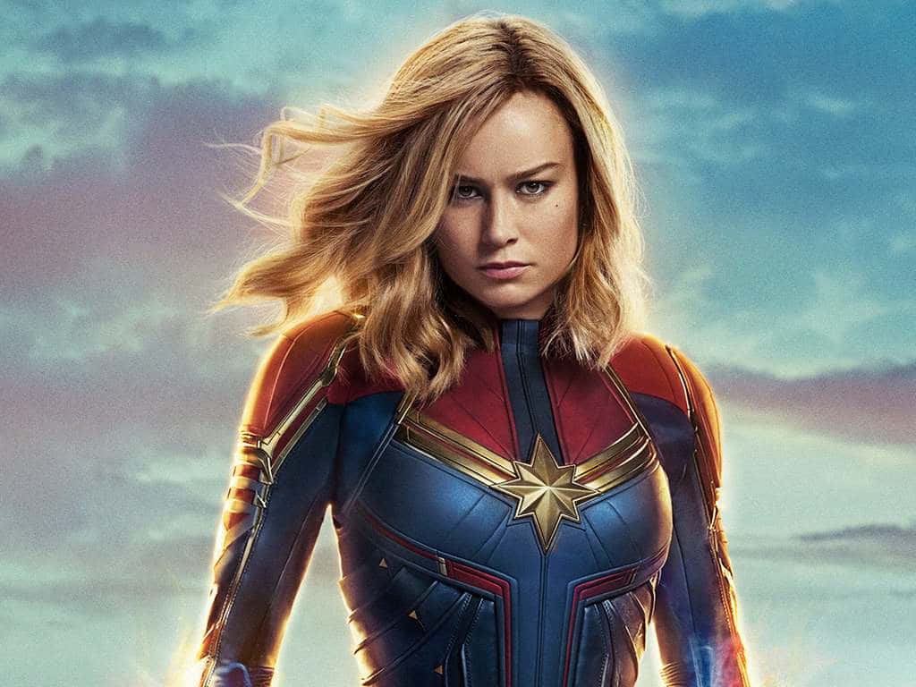 Captain Marvel, blue and red suit, cloudy sky, SD Desktop Wallpaper
